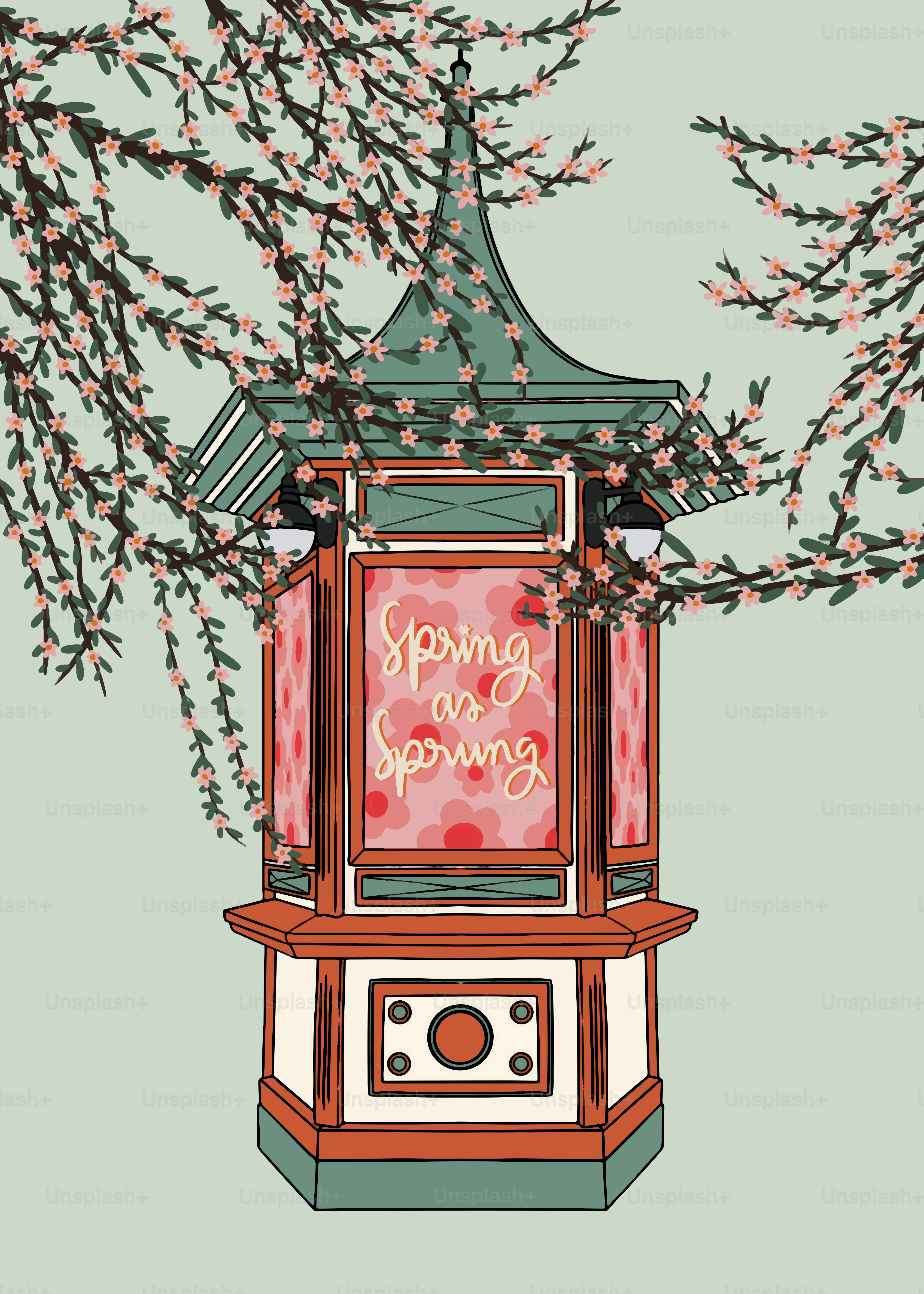 A picture of a clock tower with a cherry blossom tree in the background
