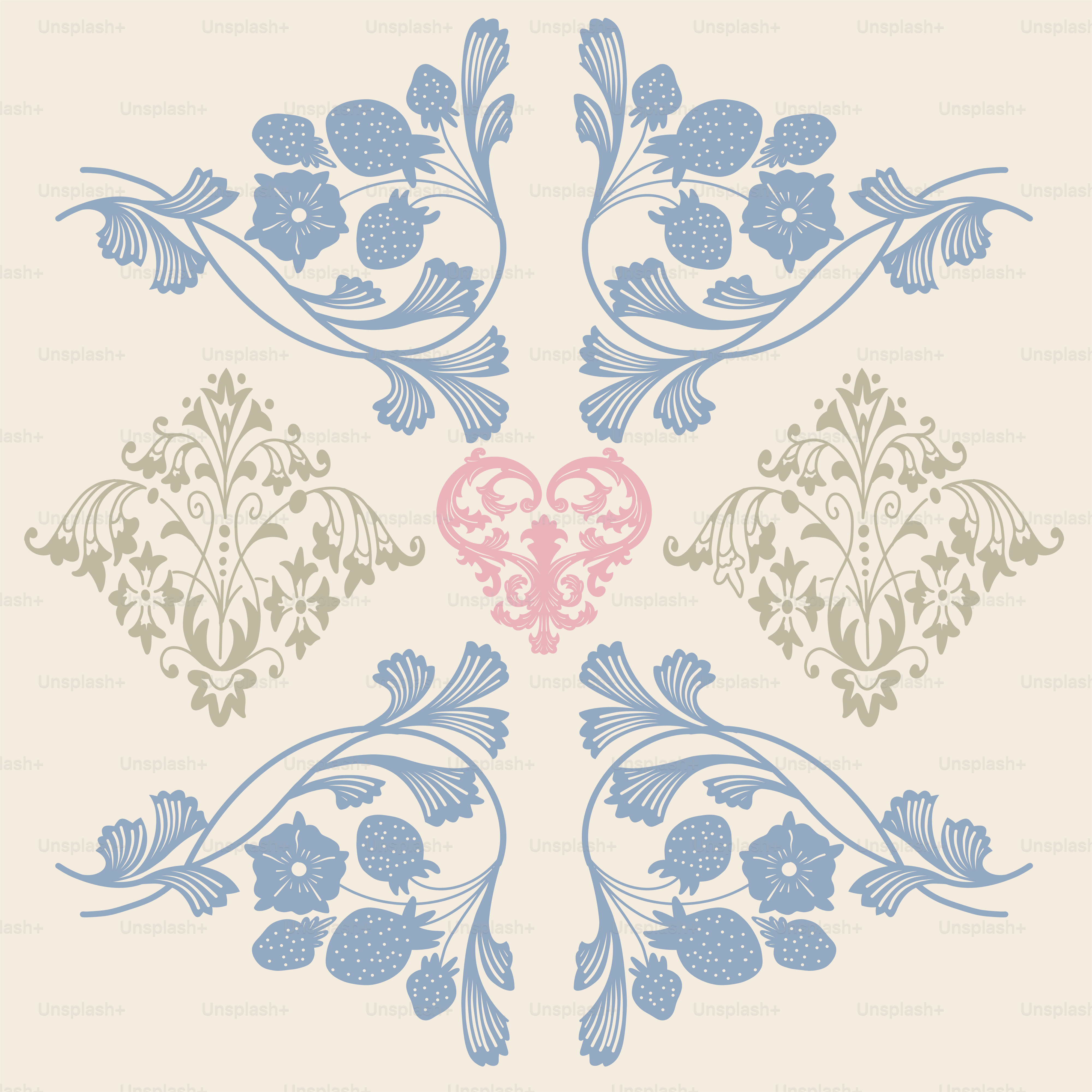 A blue and pink floral design on a white background