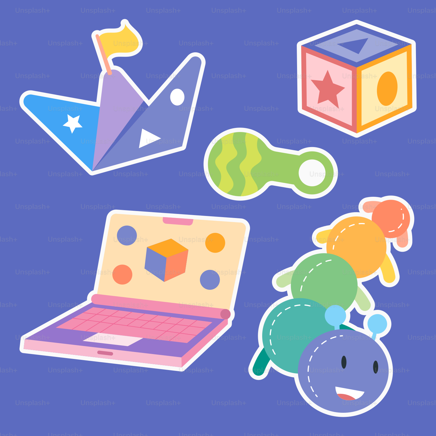 A blue background with various stickers on it