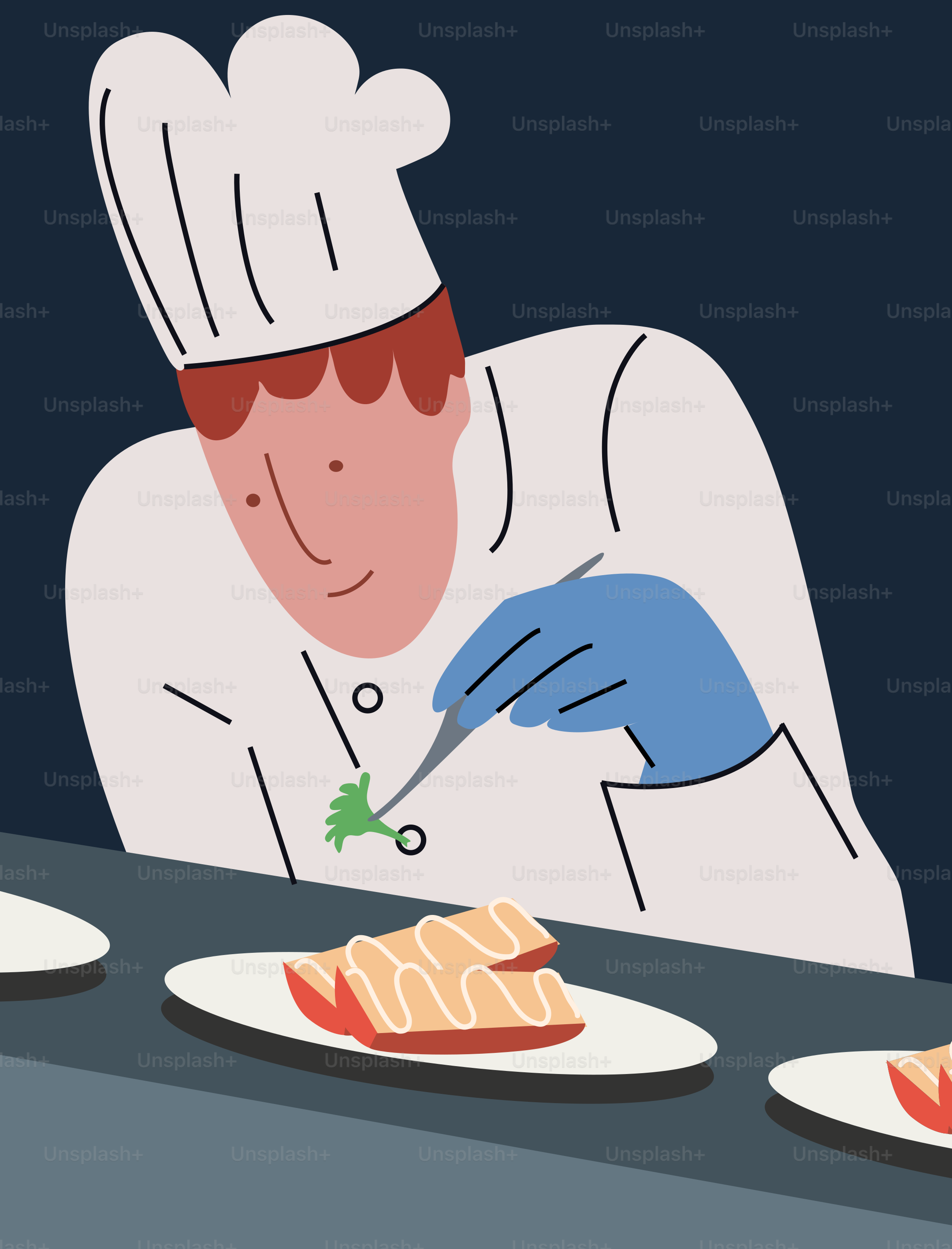 A man in a chef's hat is preparing food on plates