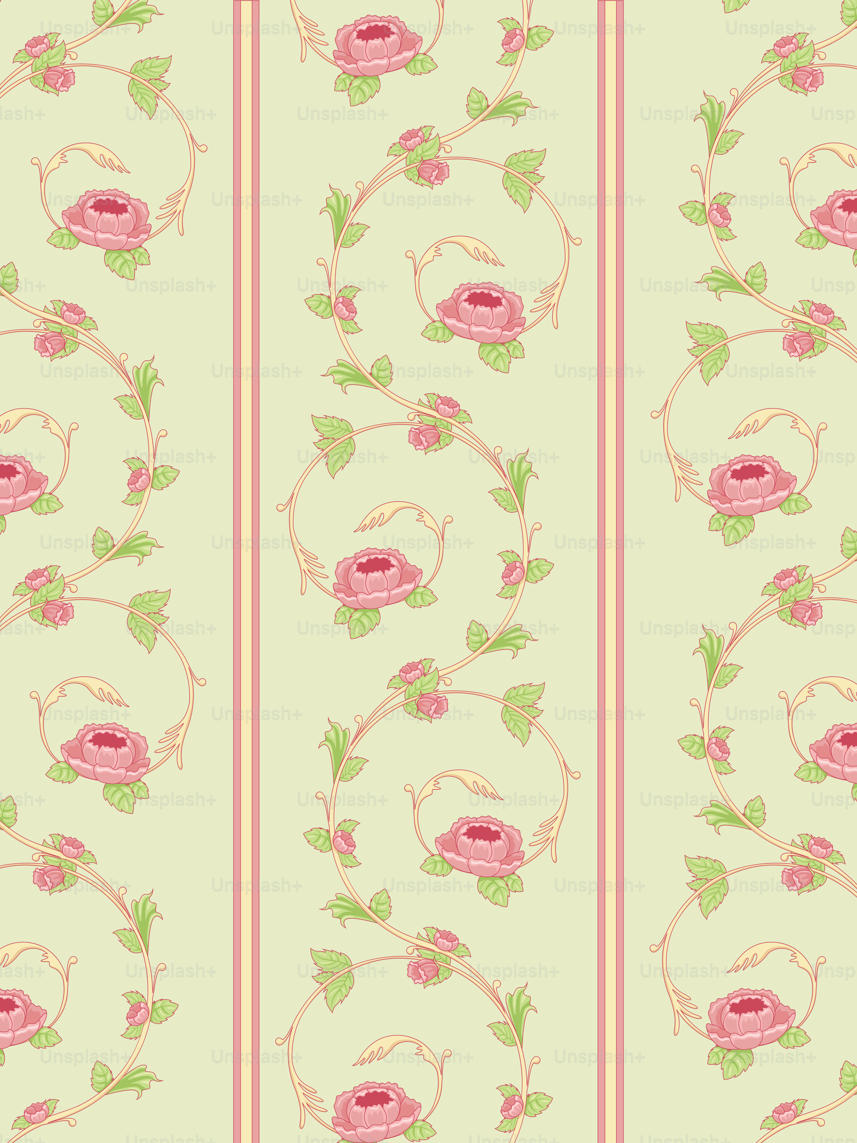 A green wallpaper with pink flowers and green leaves