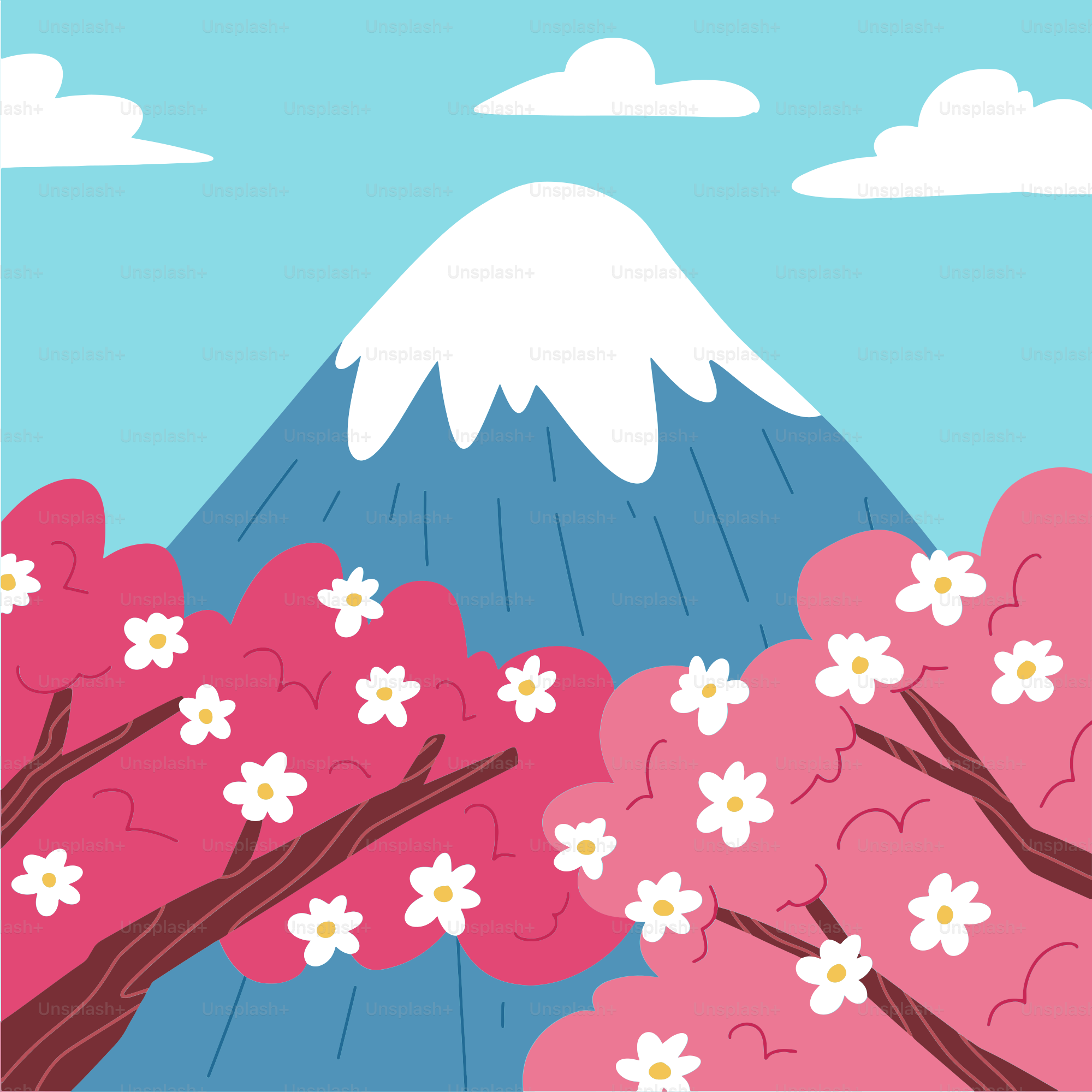 Una imagen de una montaña con flores de cerezo en primer plano