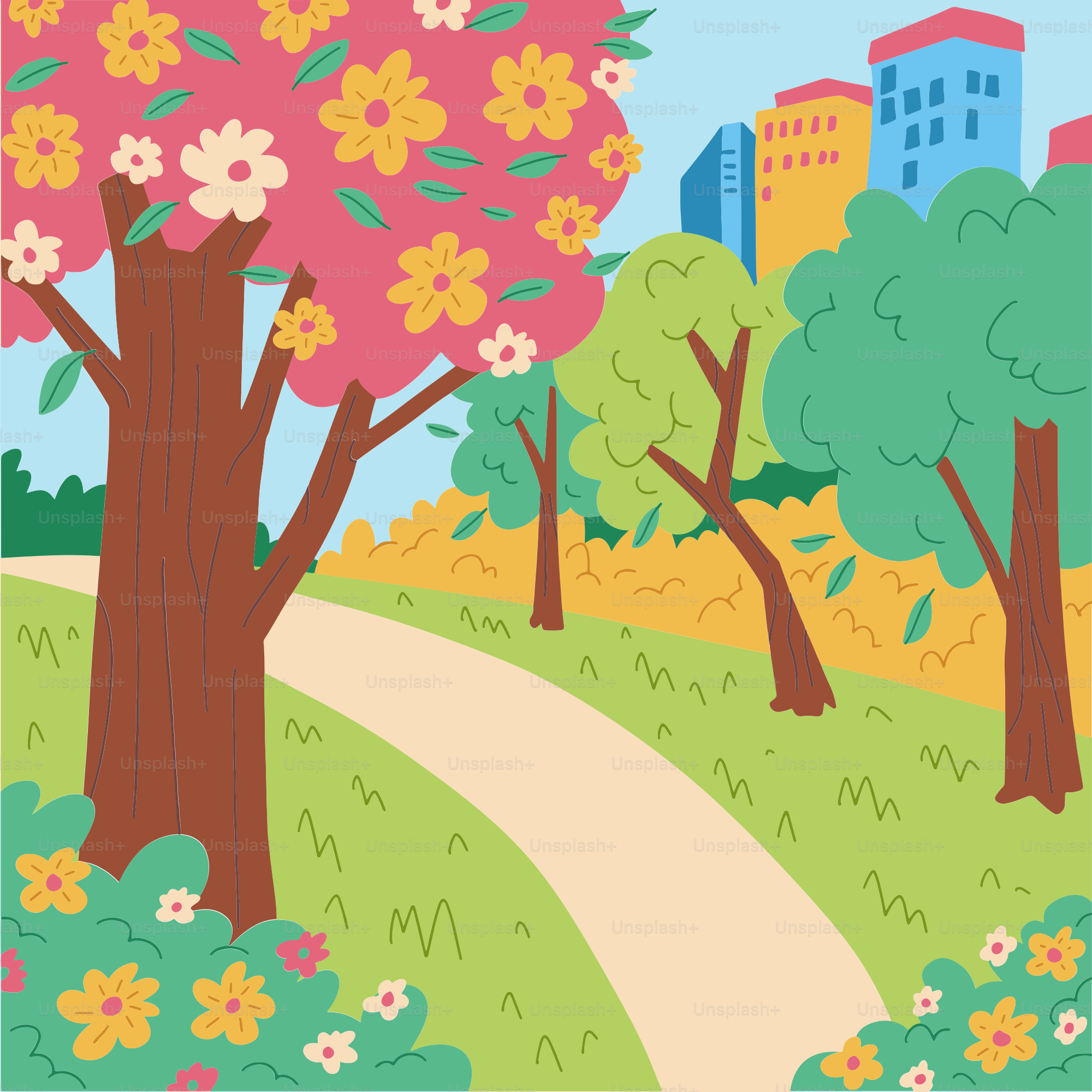 A picture of a park with trees and flowers