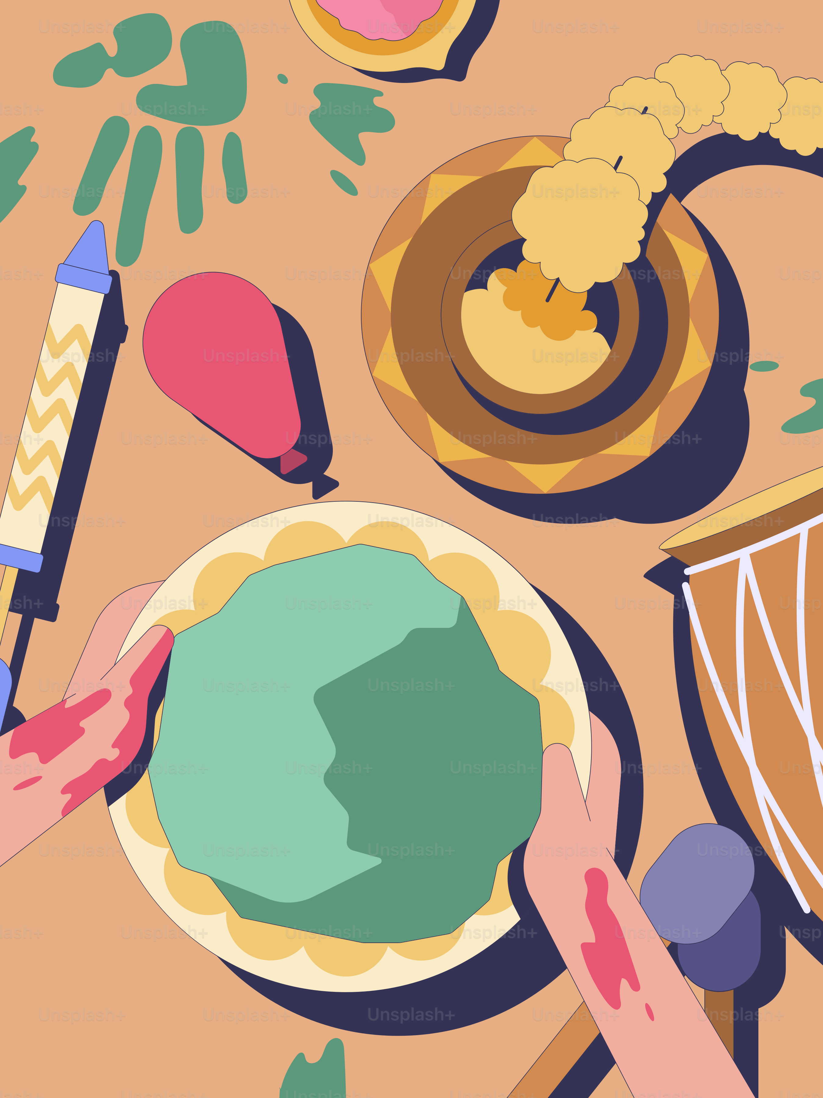 A painting of a person holding a knife over a plate of food