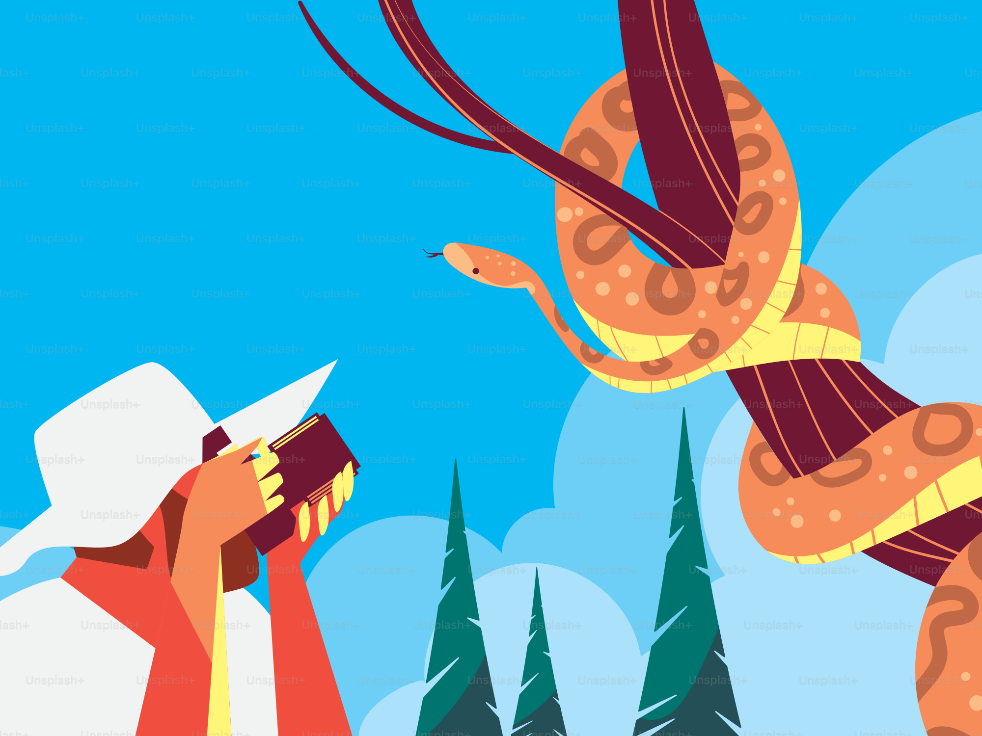 A woman looking through a telescope at a snake