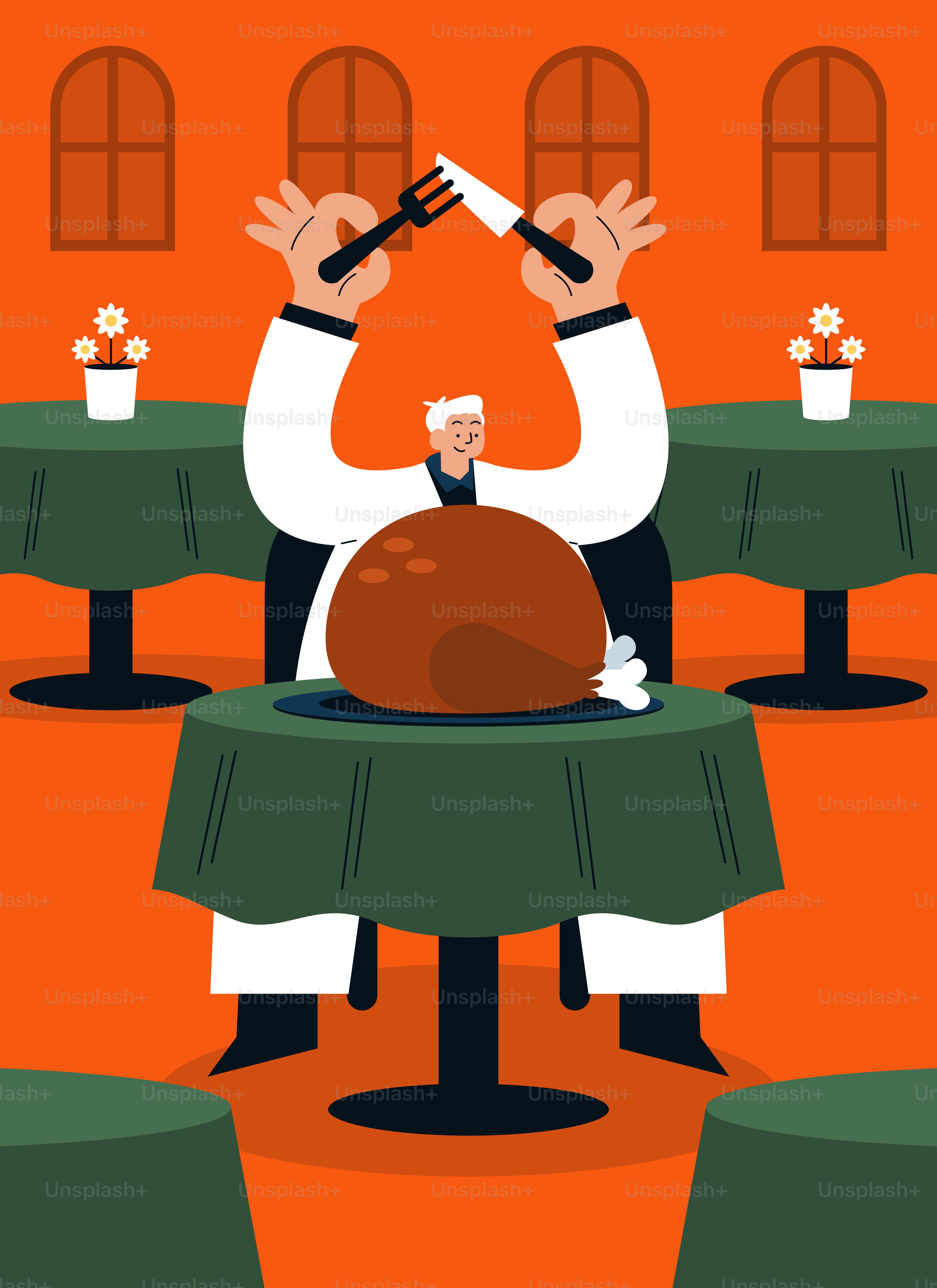 Un hombre sosteniendo un cuchillo sobre un pavo sobre una mesa