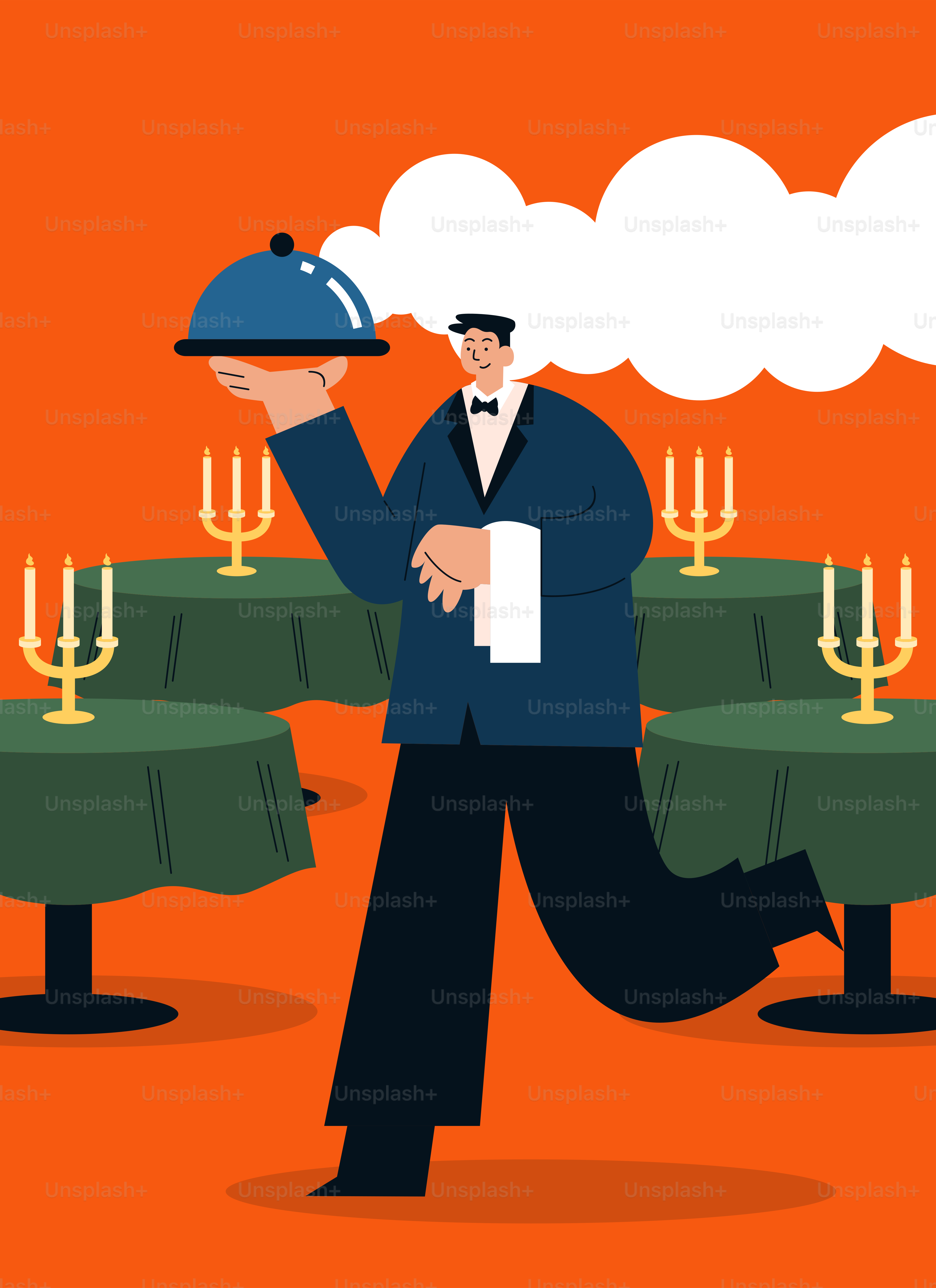 Un hombre con esmoquin que lleva una bandeja de comida