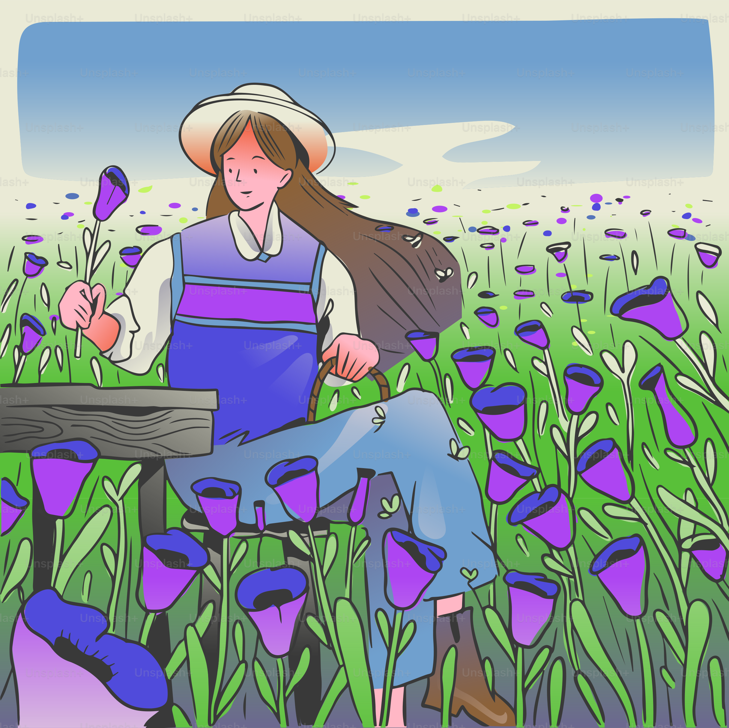 A woman sitting on a bench in a field of flowers