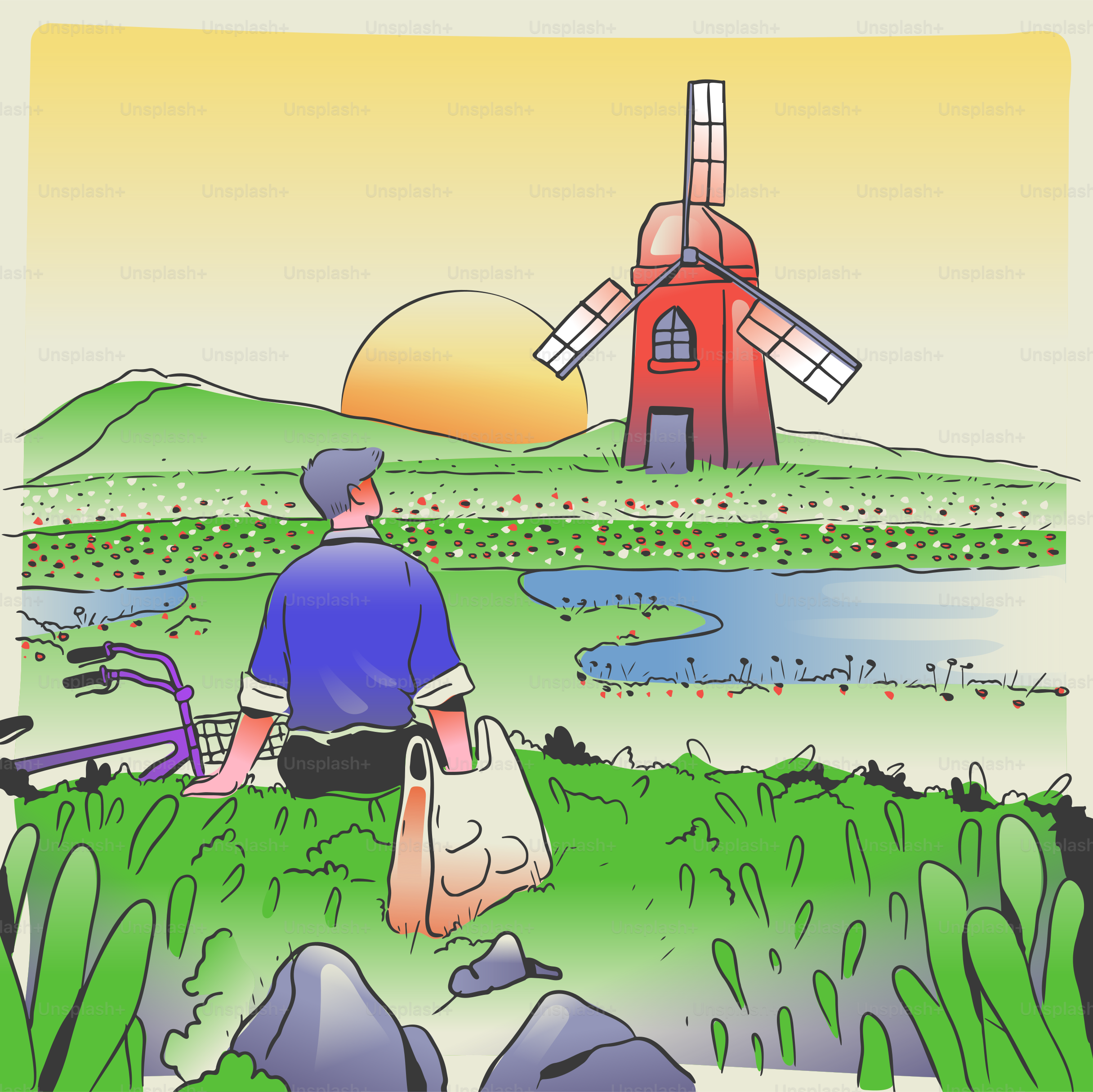 A cartoon of a man sitting in a field with a windmill in the background