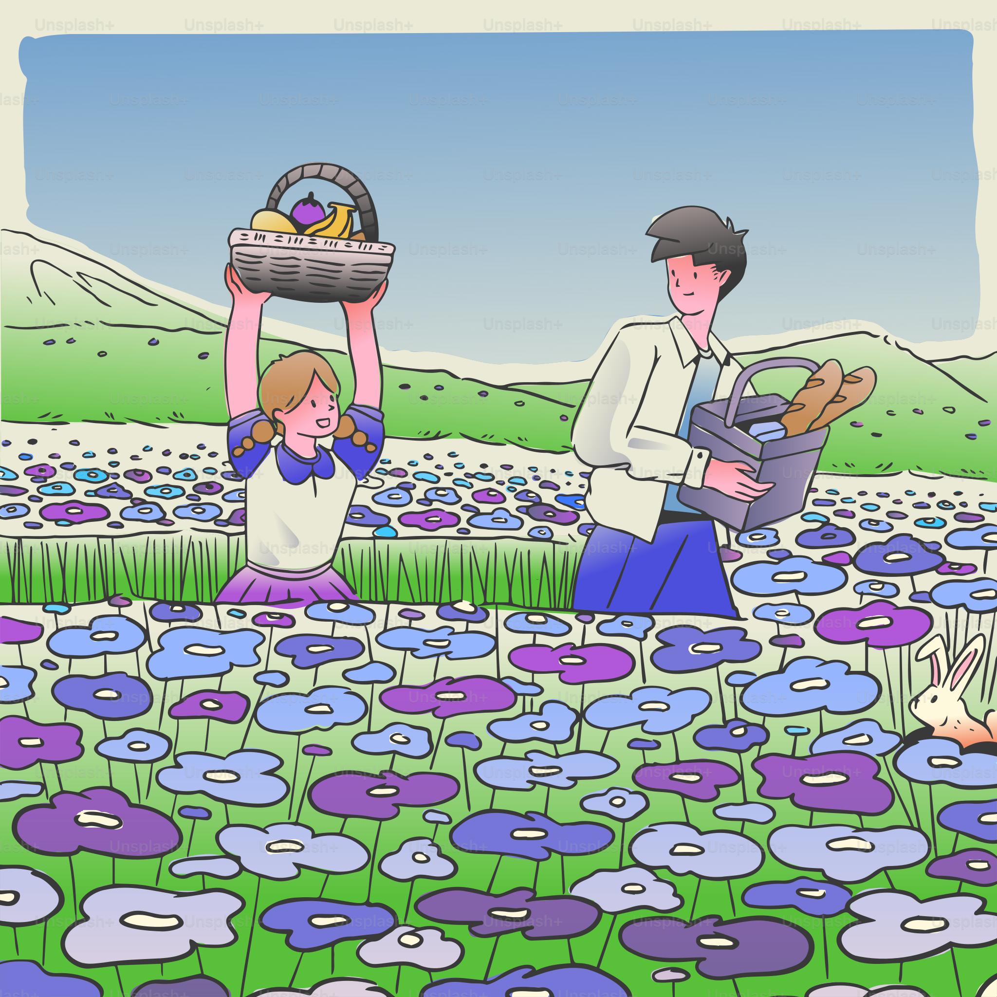 A man and a little girl in a field of flowers