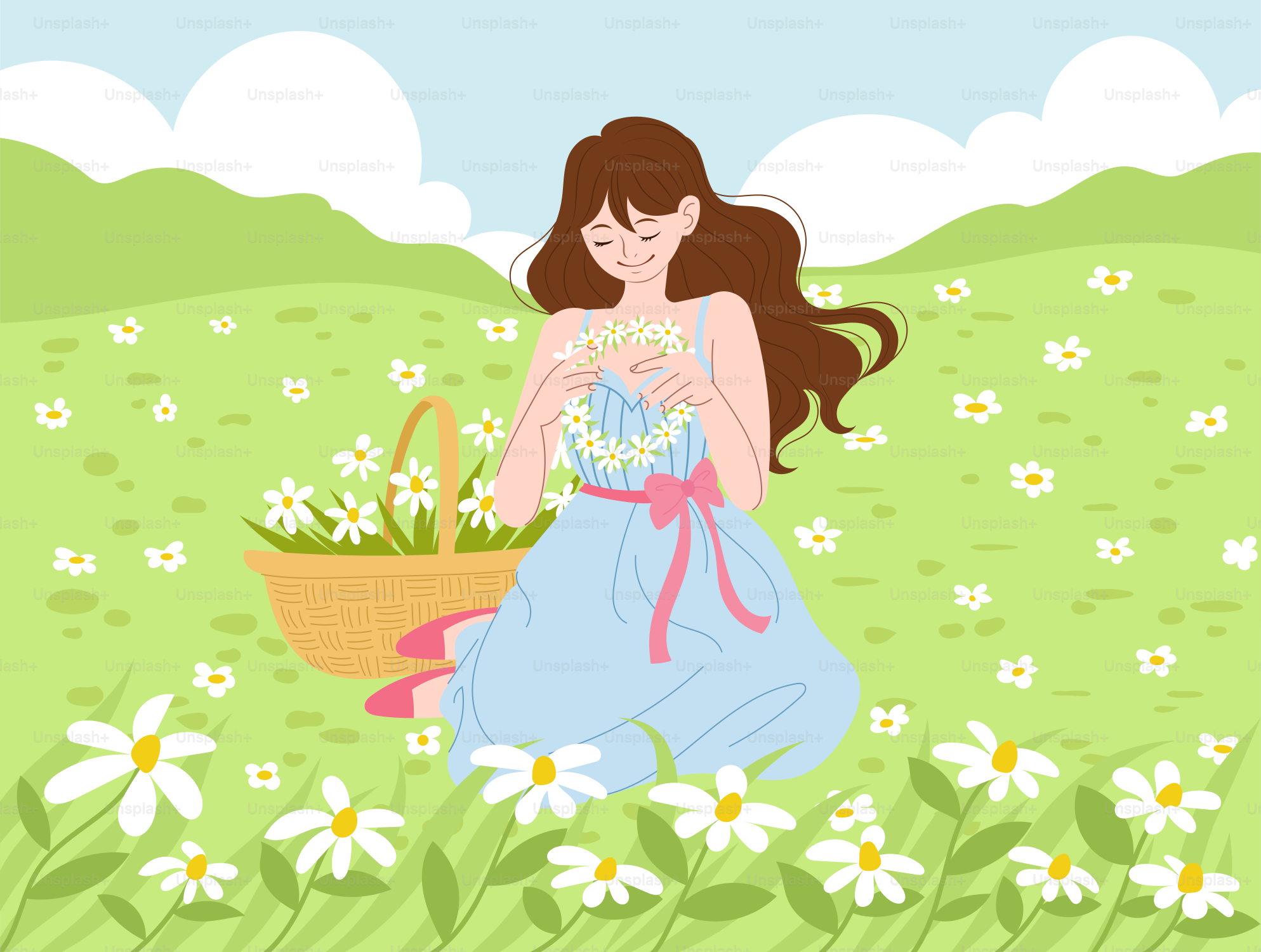 Eine Frau in einem blauen Kleid hält einen Korb mit Gänseblümchen in der Hand