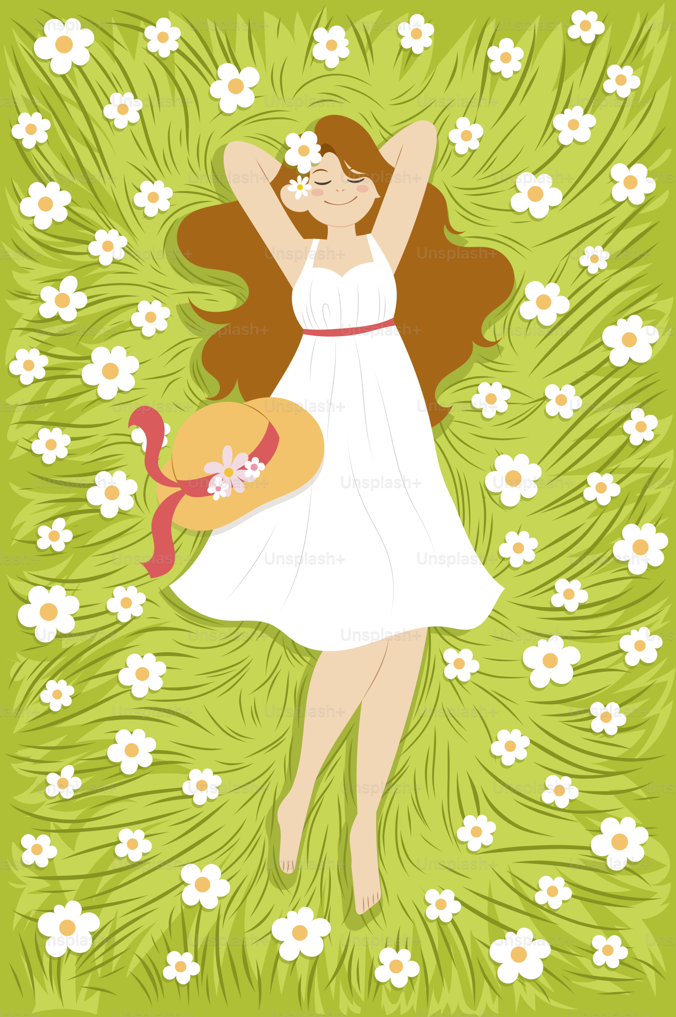 A woman in a white dress laying in a field of flowers