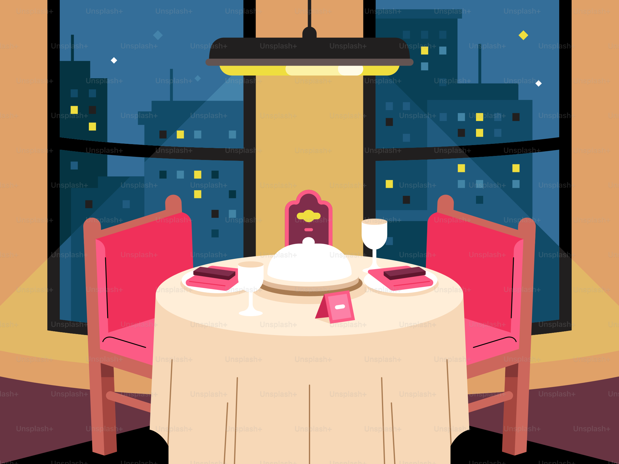Uma mesa com uma toalha de mesa branca e cadeiras cor-de-rosa