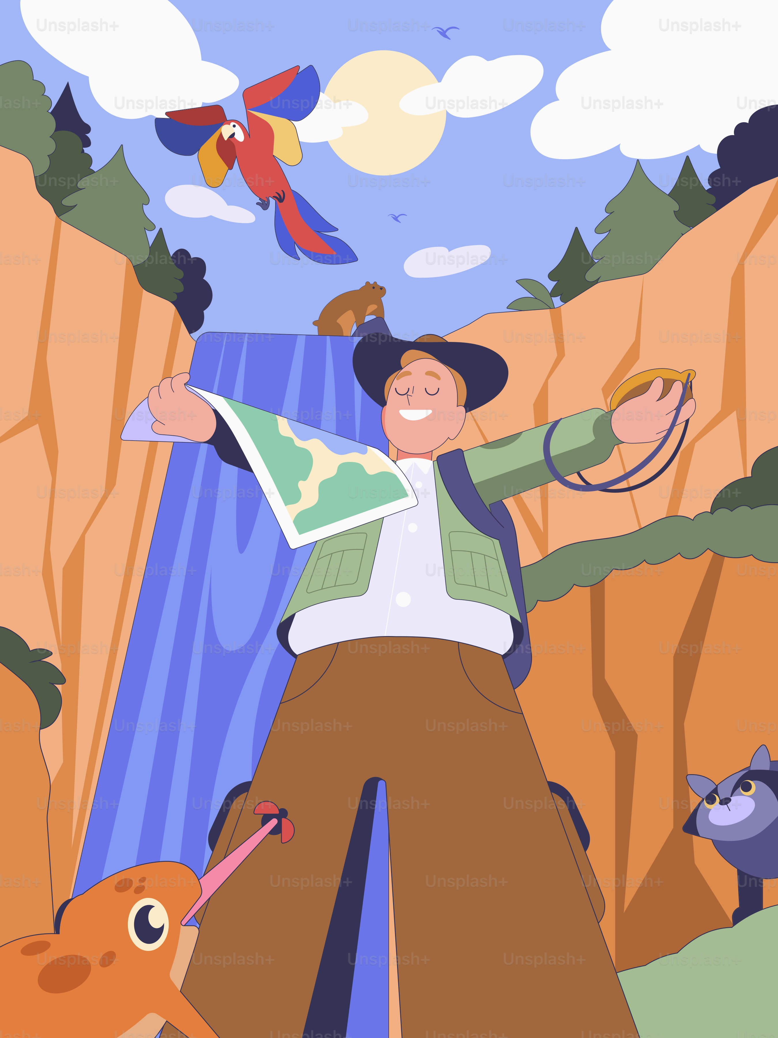 A man standing in front of a waterfall surrounded by animals