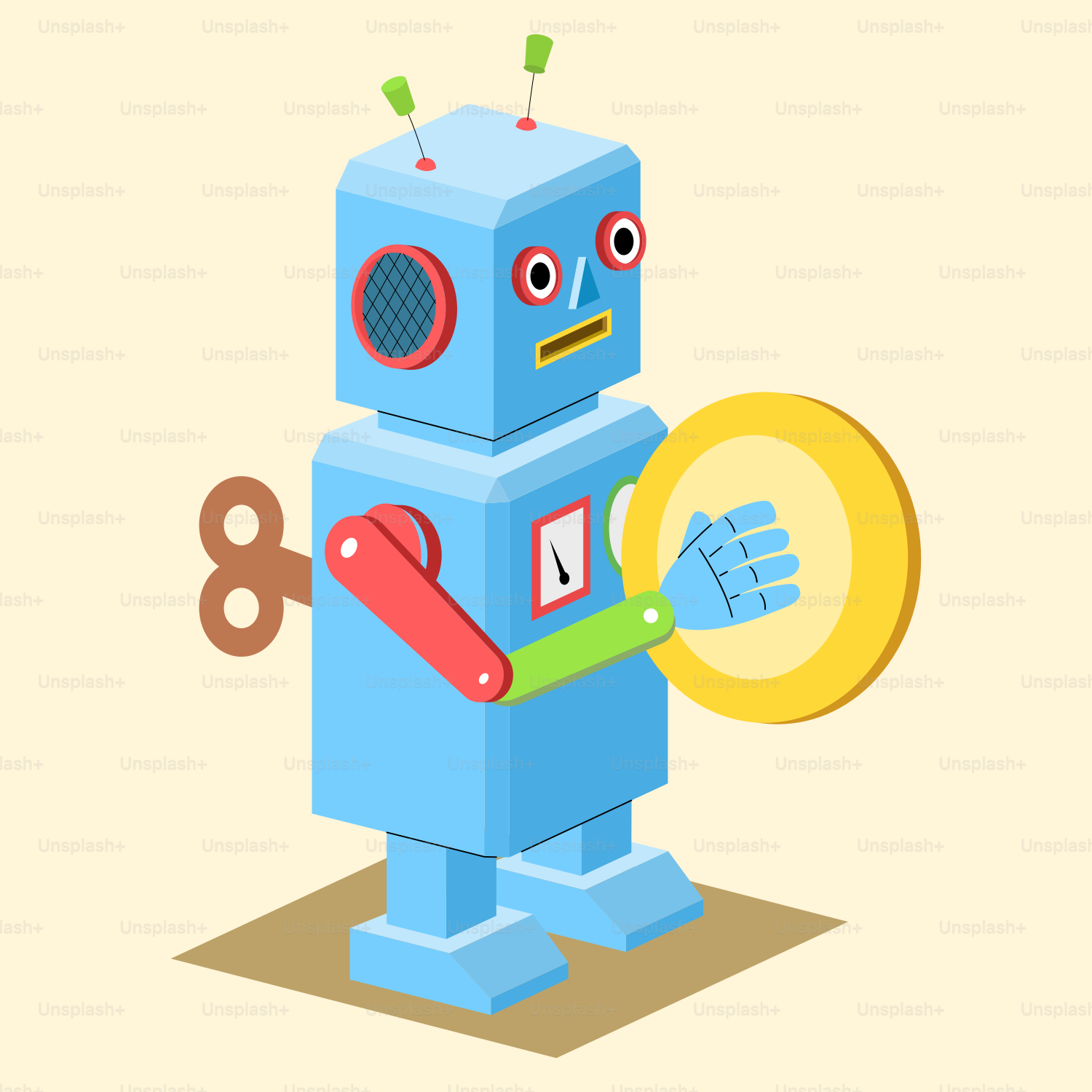 A blue robot holding a yellow coin