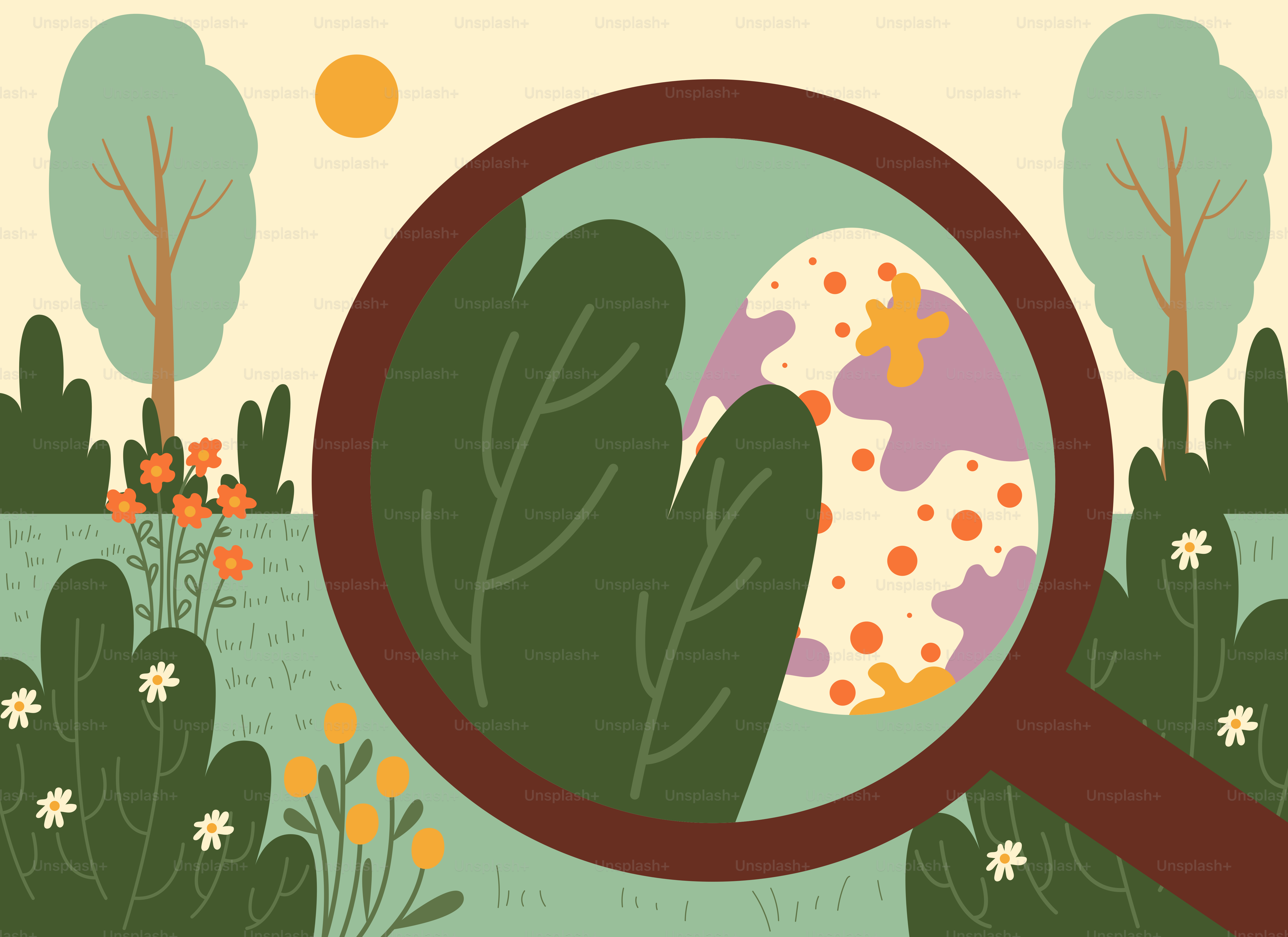 野原の卵を見つめる虫眼鏡