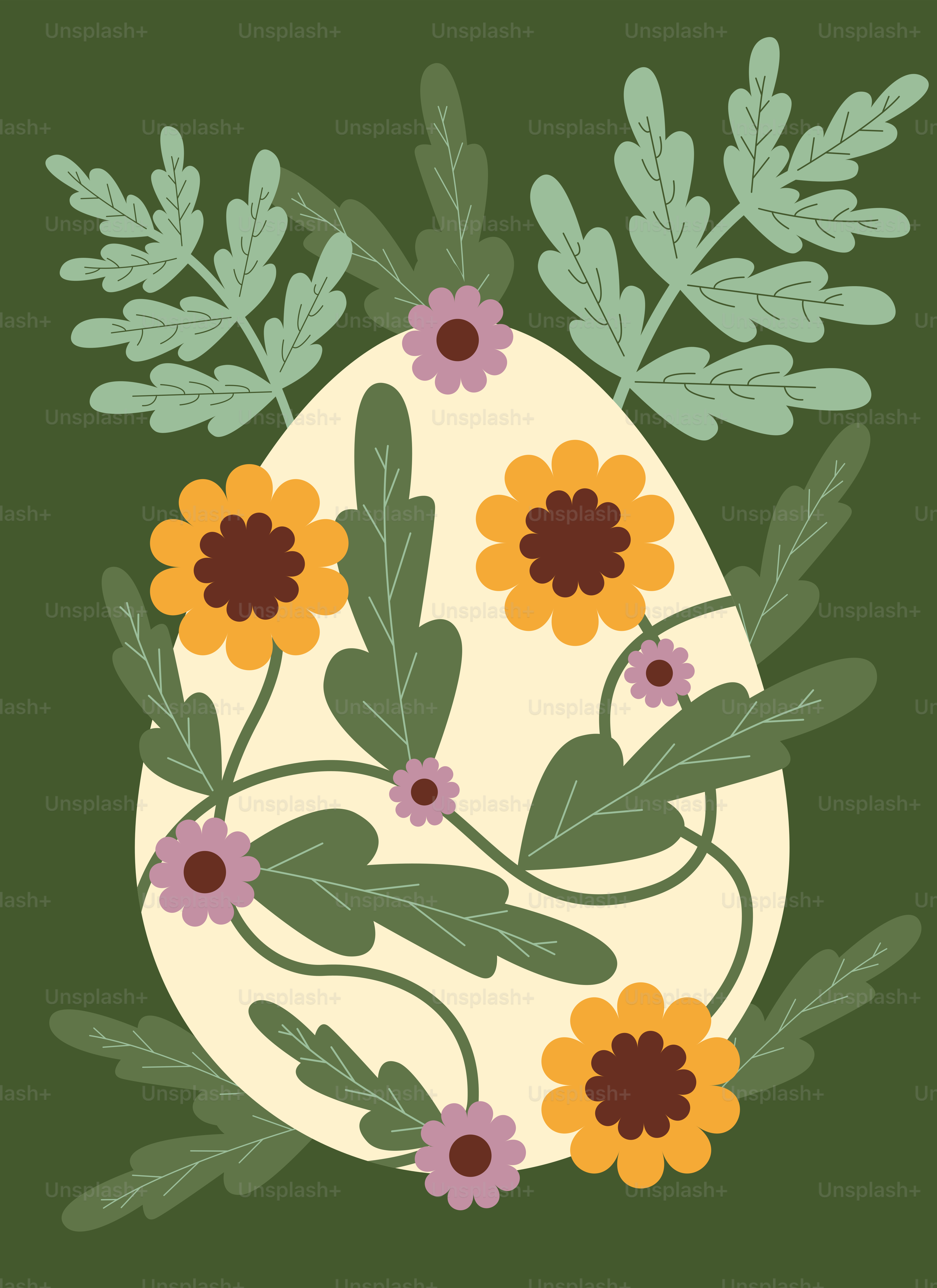An egg decorated with flowers and leaves