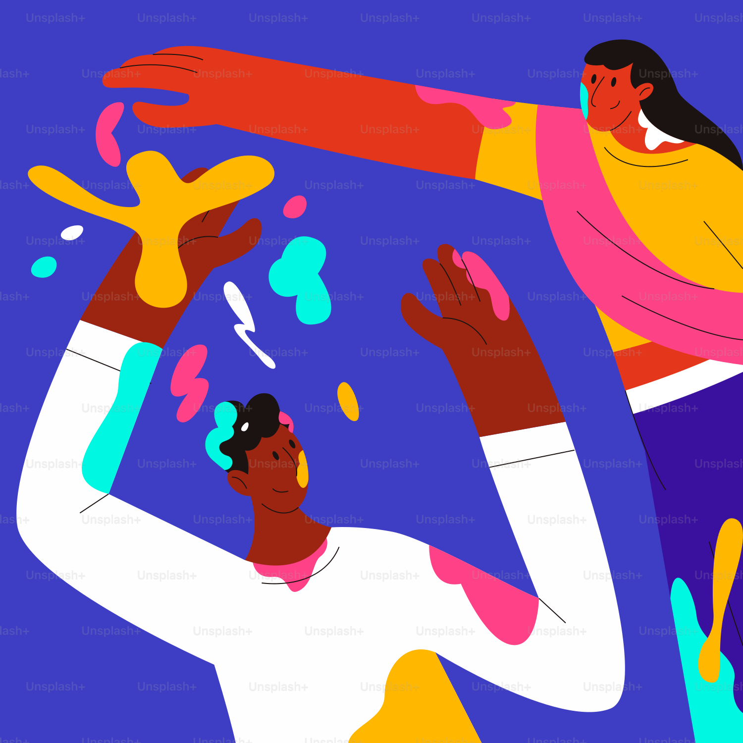 A man and a woman are covered in colored paint