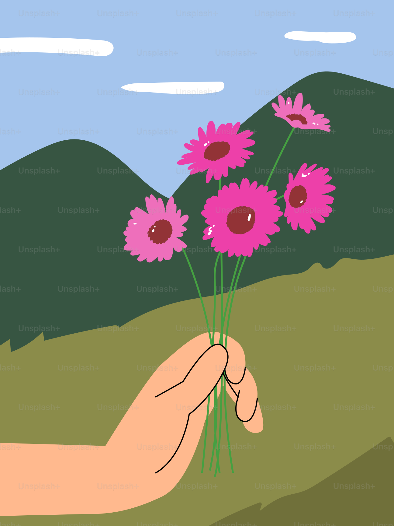 ピンクの花束を持つ手
