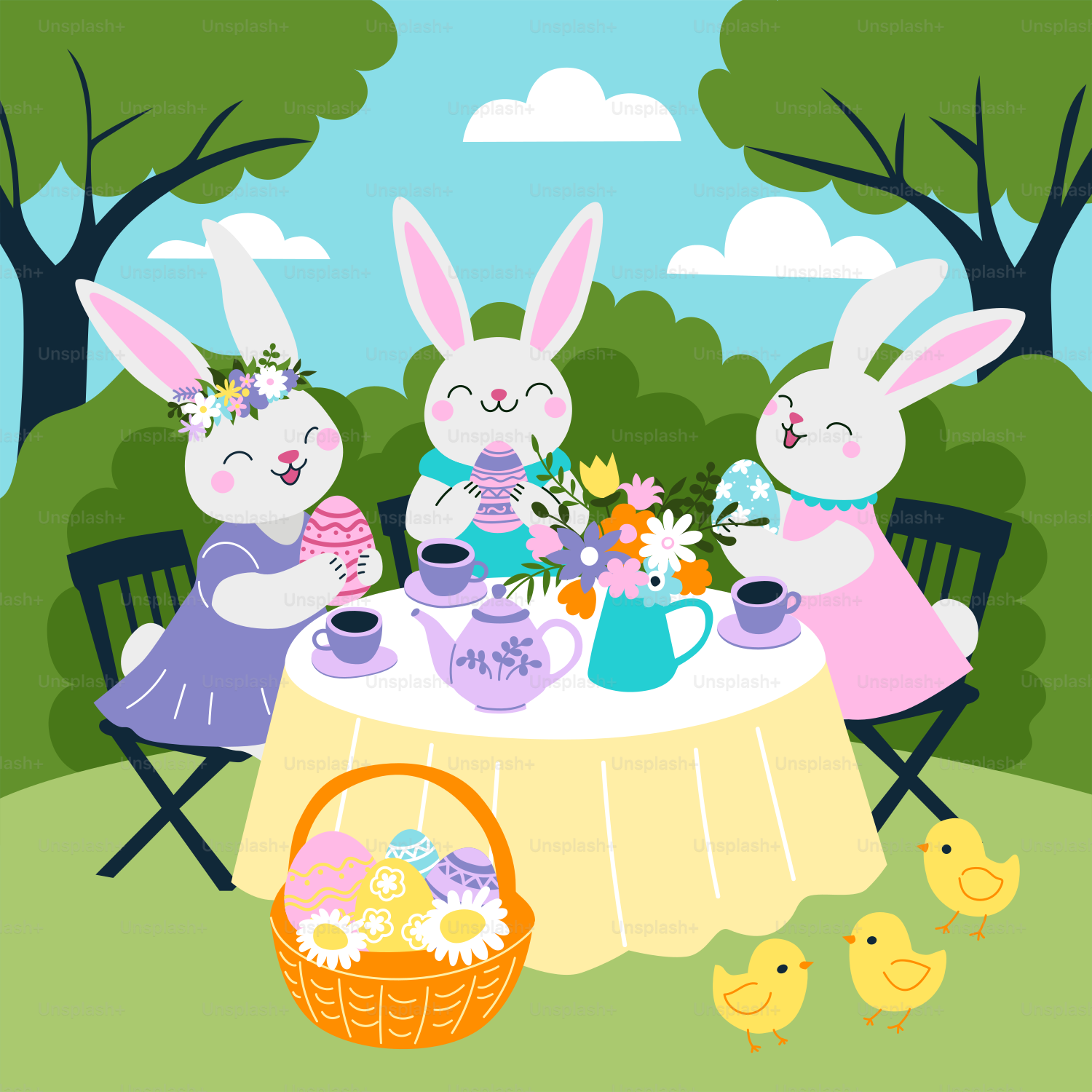 Three rabbits sitting at a table with a basket of eggs