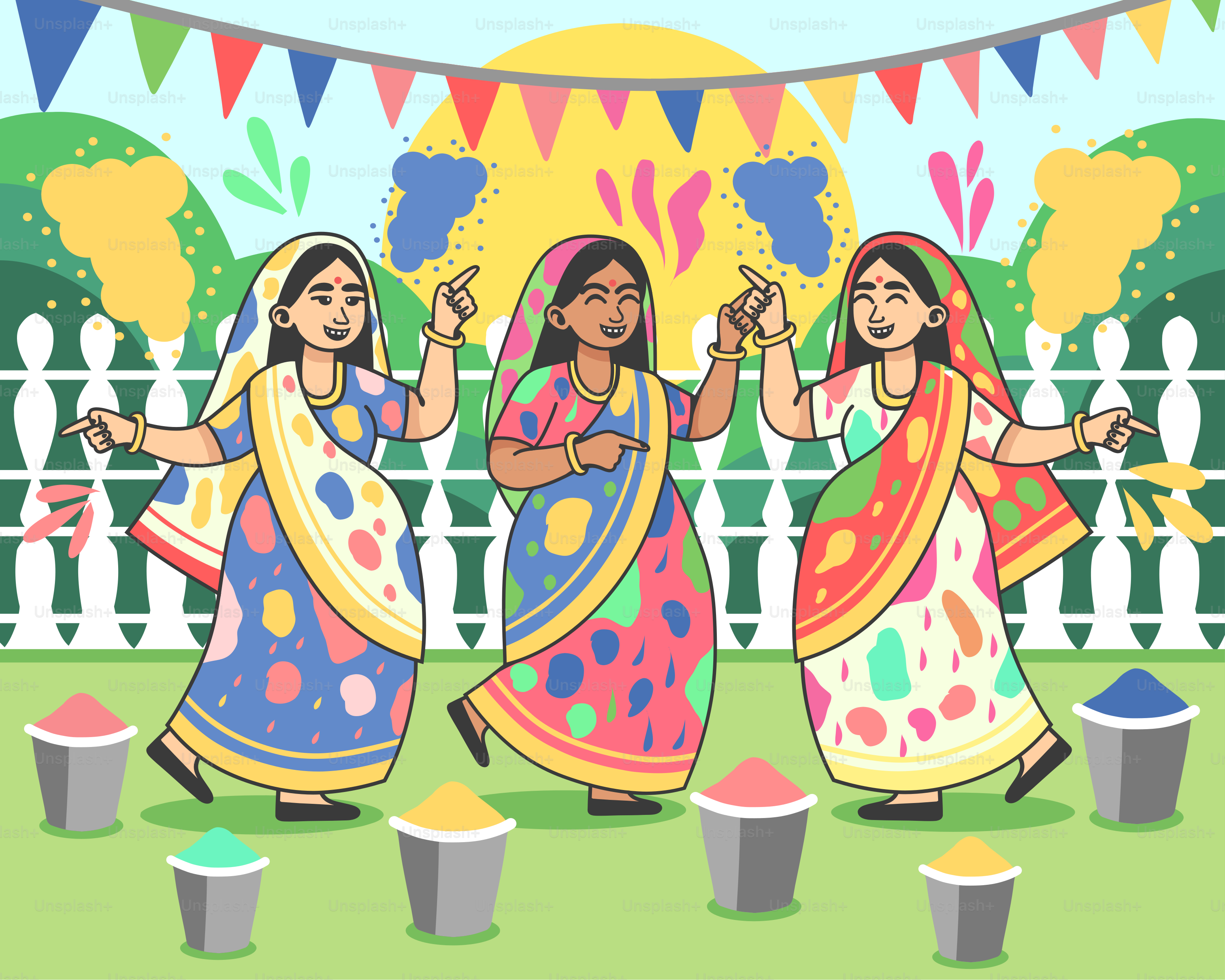 A group of women dancing in front of a fence