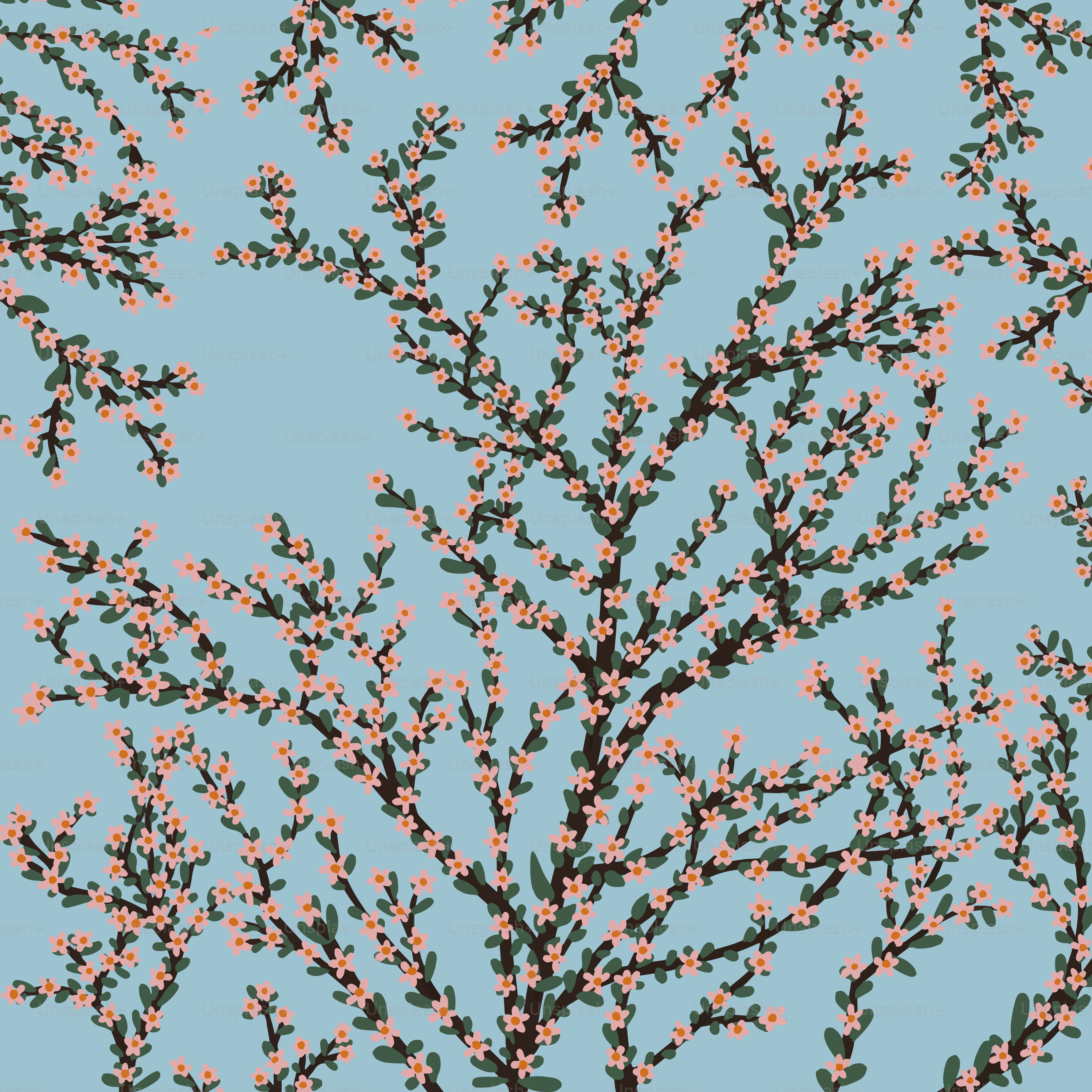 A picture of a tree with pink flowers on a blue background