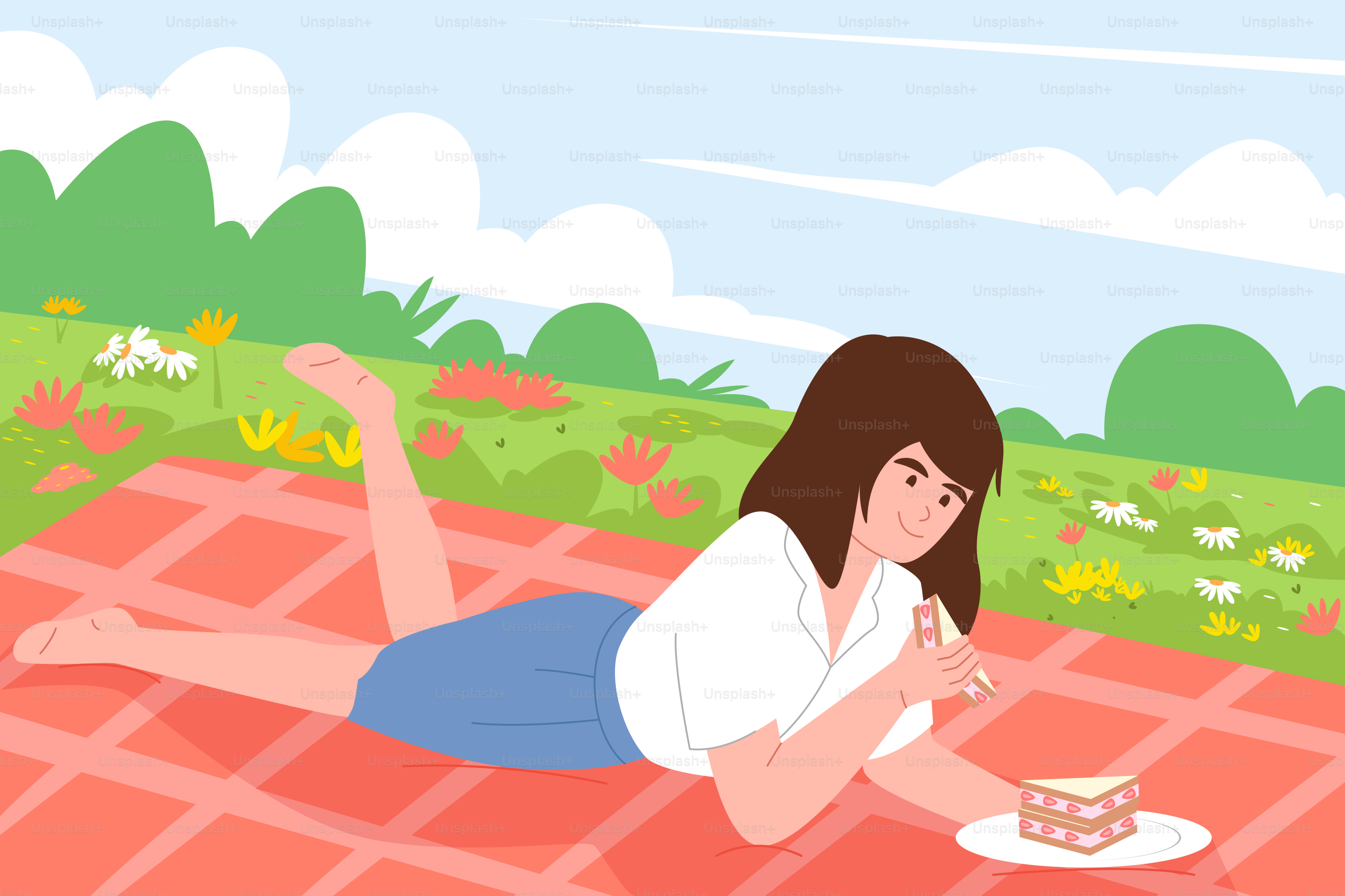 Eine Frau, die auf dem Boden liegt und ein Stück Kuchen isst