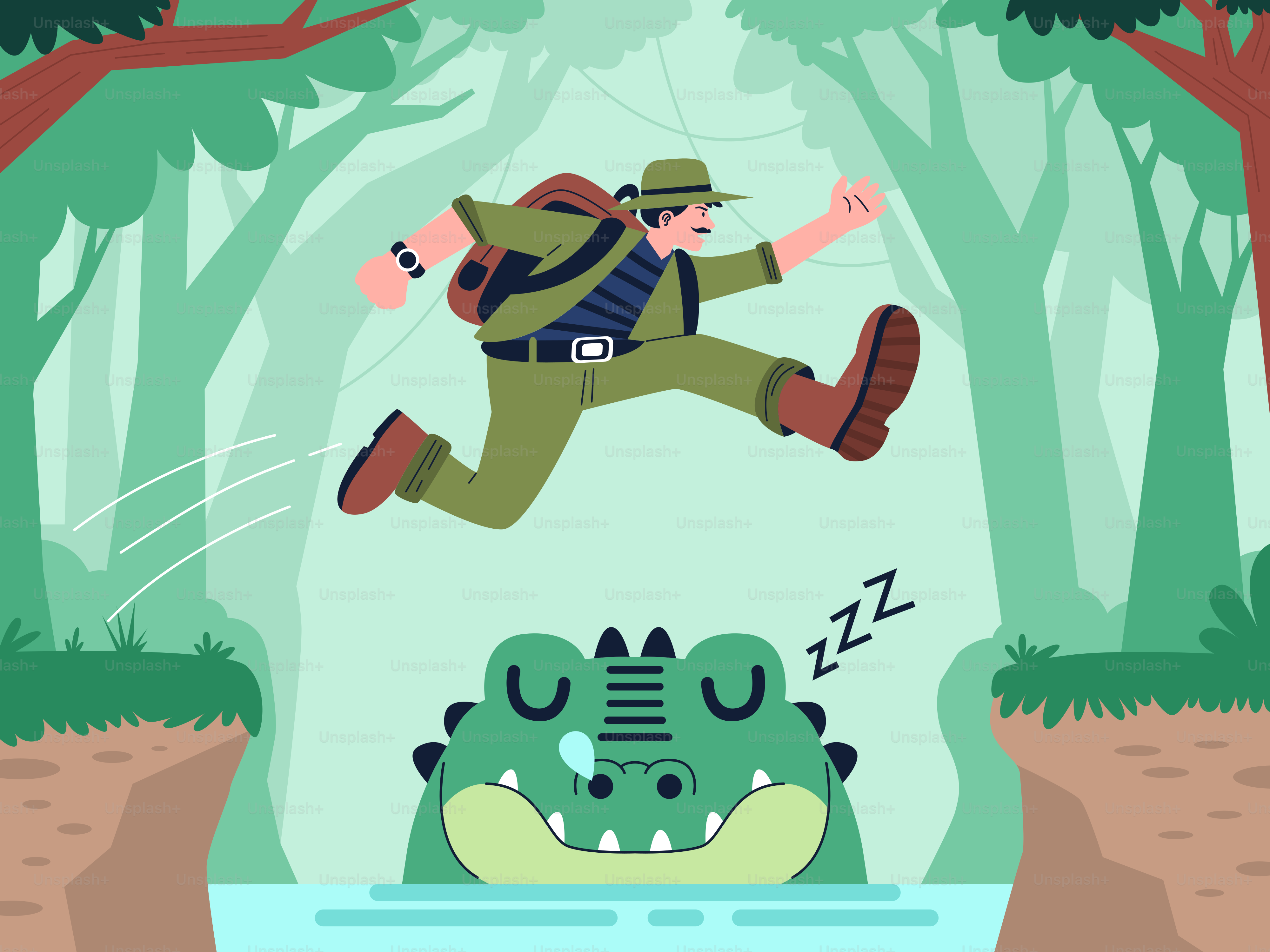 Ein Mann springt im Wald über ein Krokodil