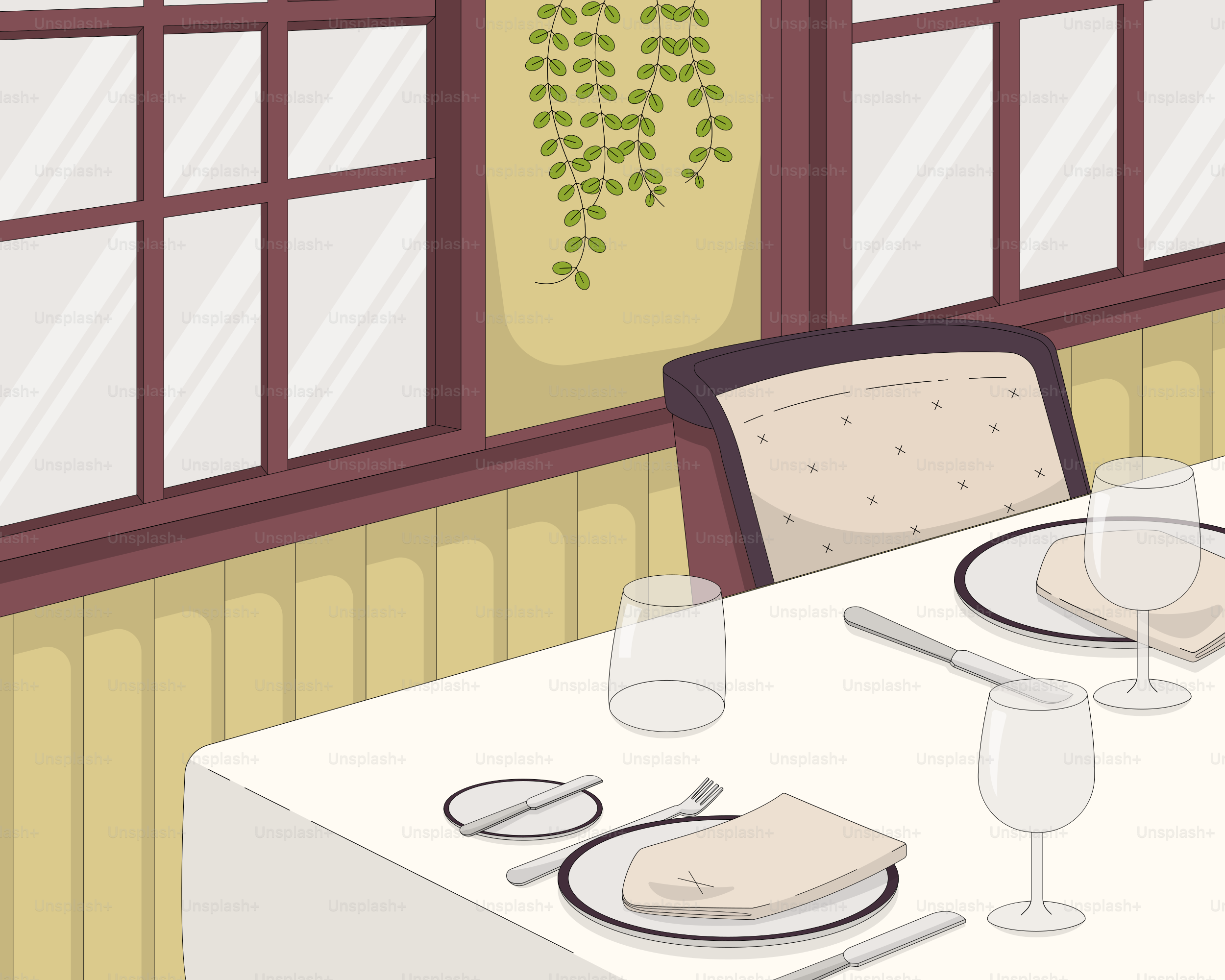 Una sala da pranzo con un tavolo apparecchiato per quattro persone