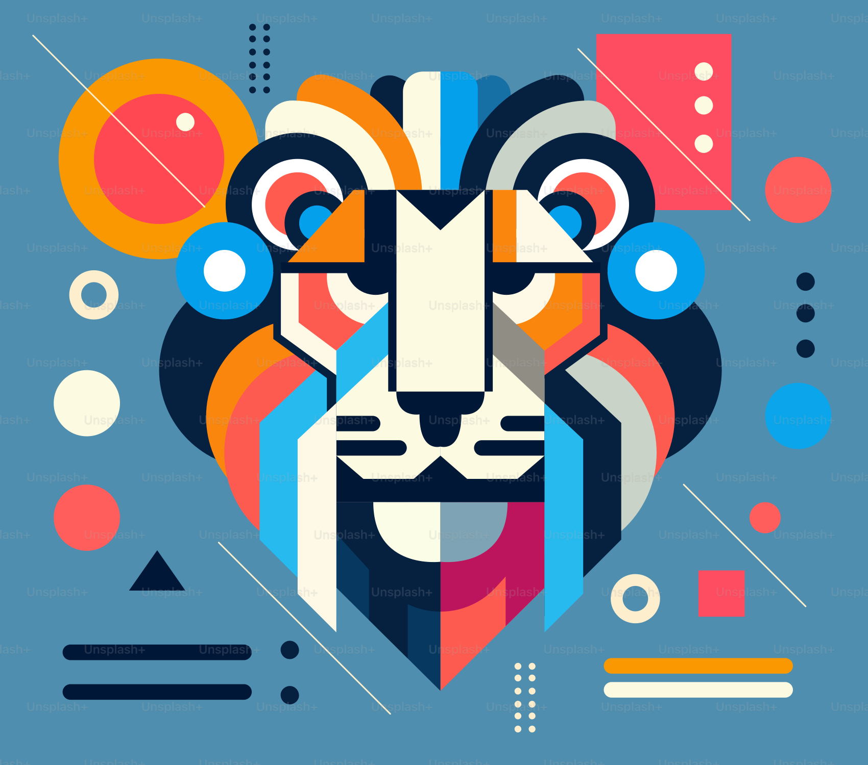 青い背景に幾何学模様のライオンの頭