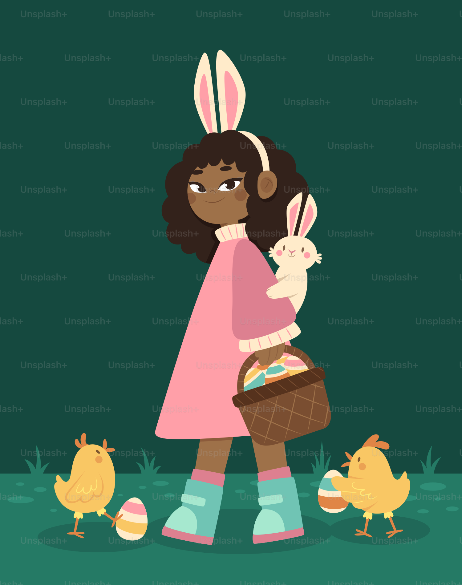 A girl in a pink dress carrying a basket of eggs