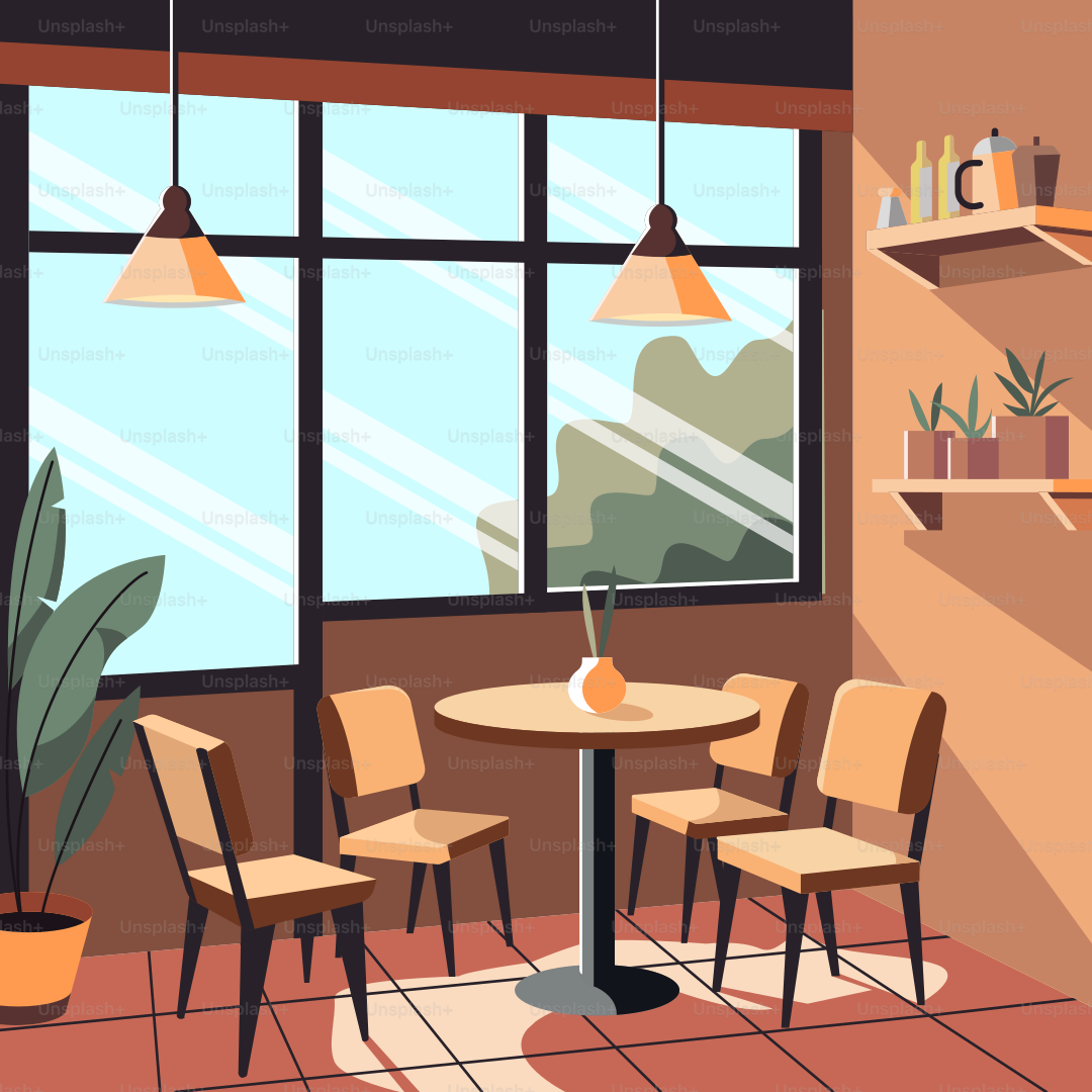 A room with a table, chairs and a potted plant