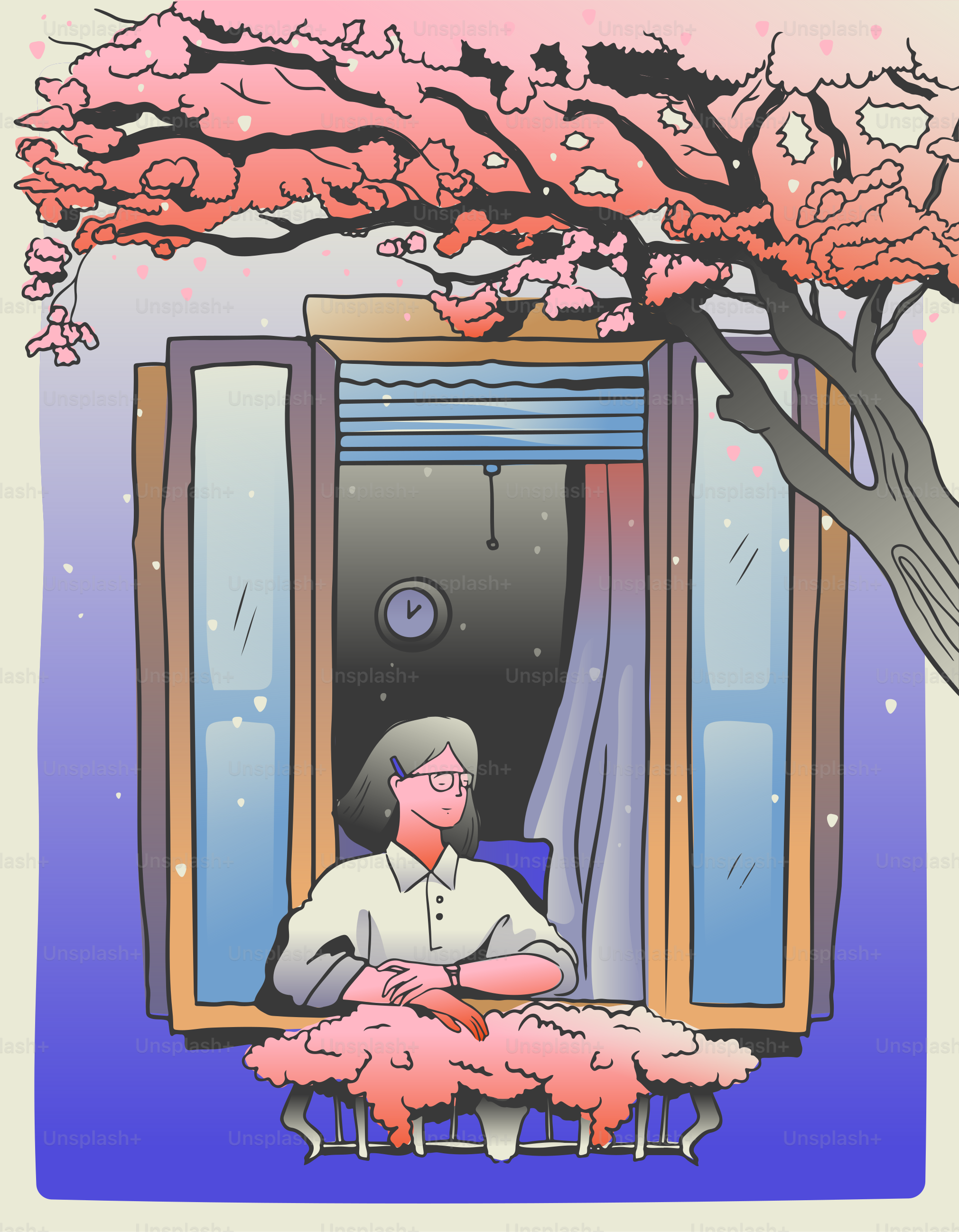 A man sitting in front of a window next to a tree