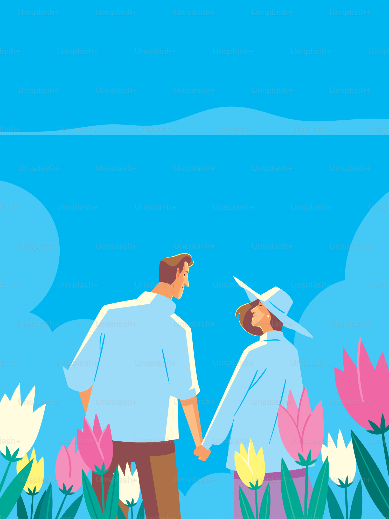 A man and a woman holding hands in front of flowers