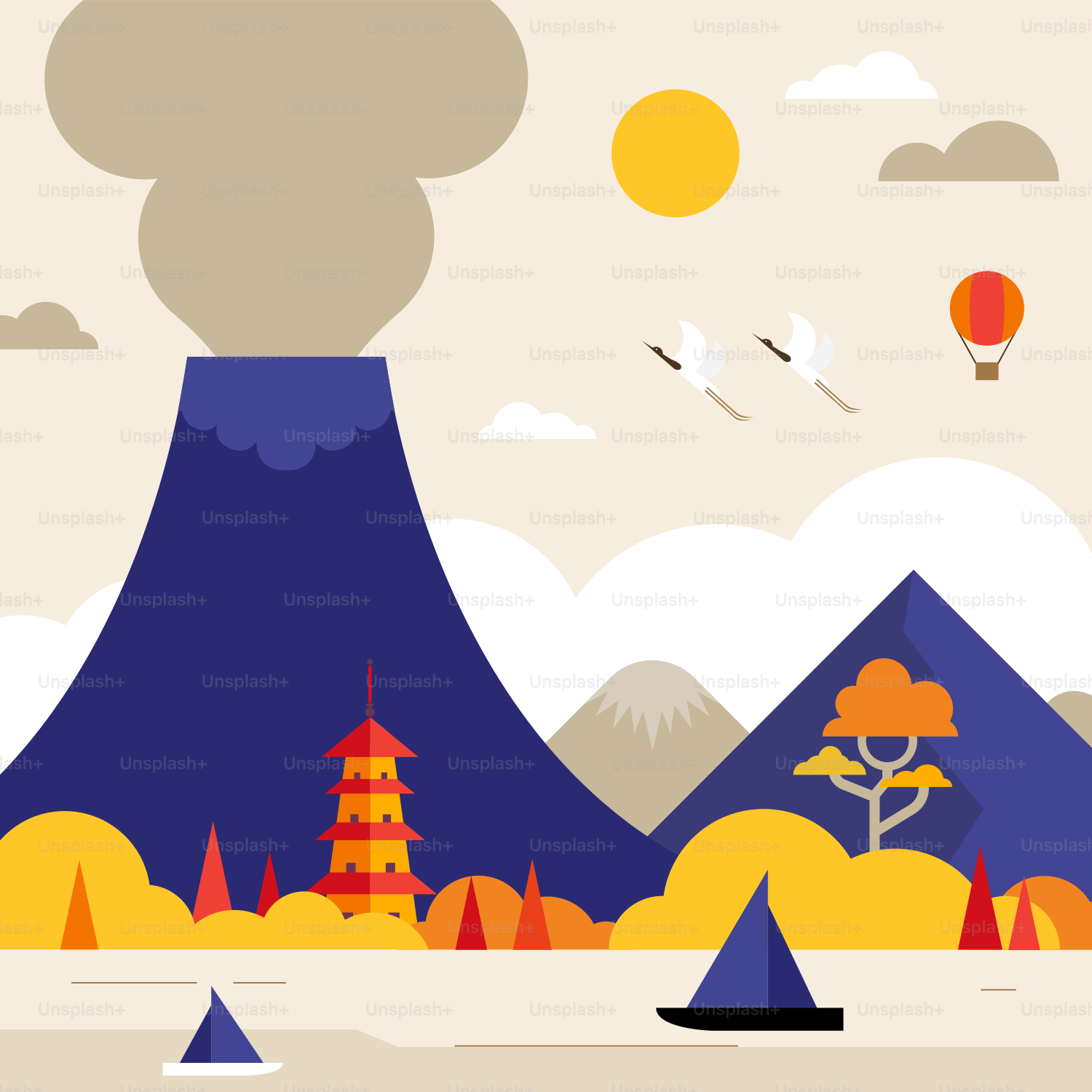A cartoon of a volcano with trees and mountains in the background