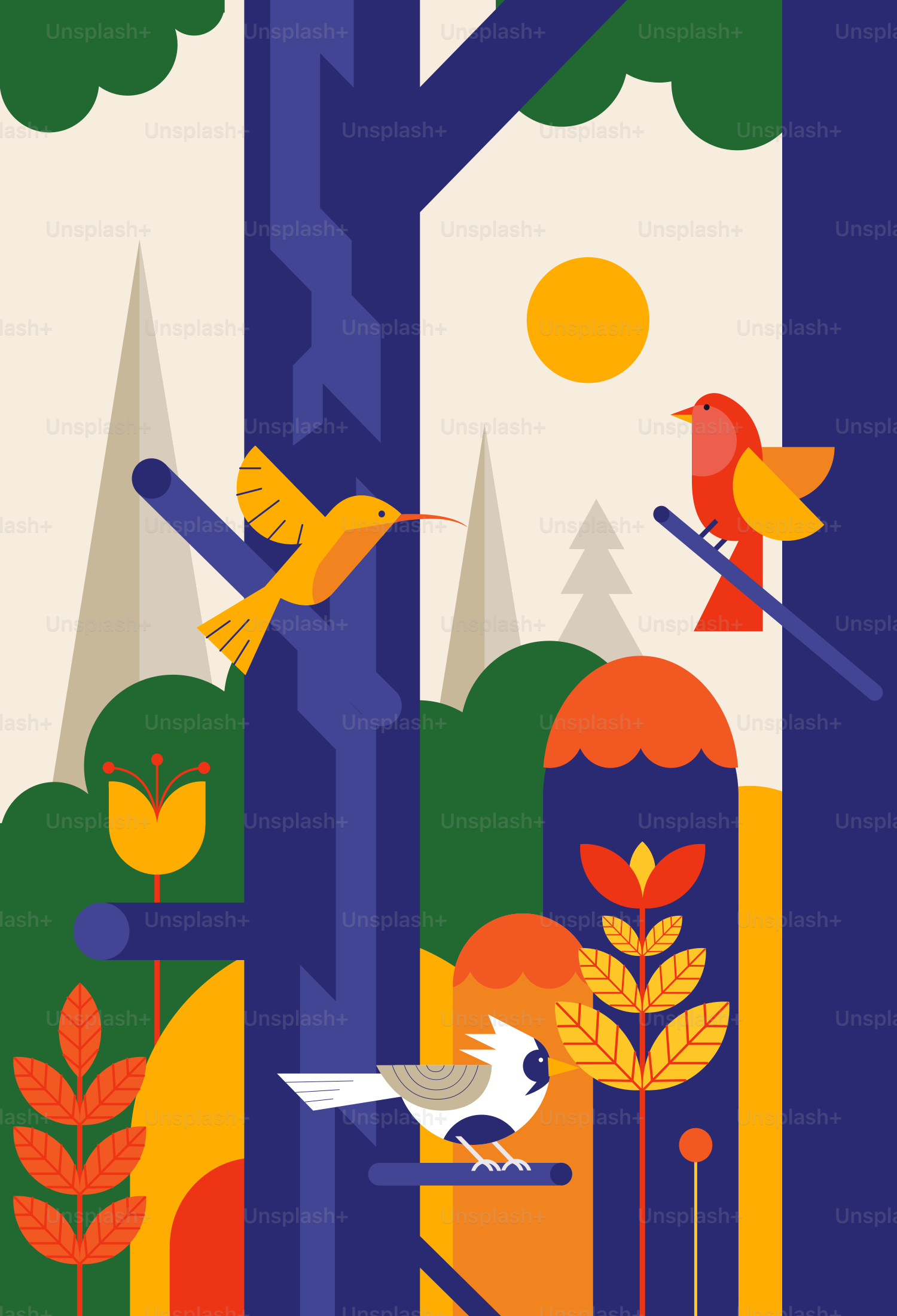A colorful illustration of birds in a forest