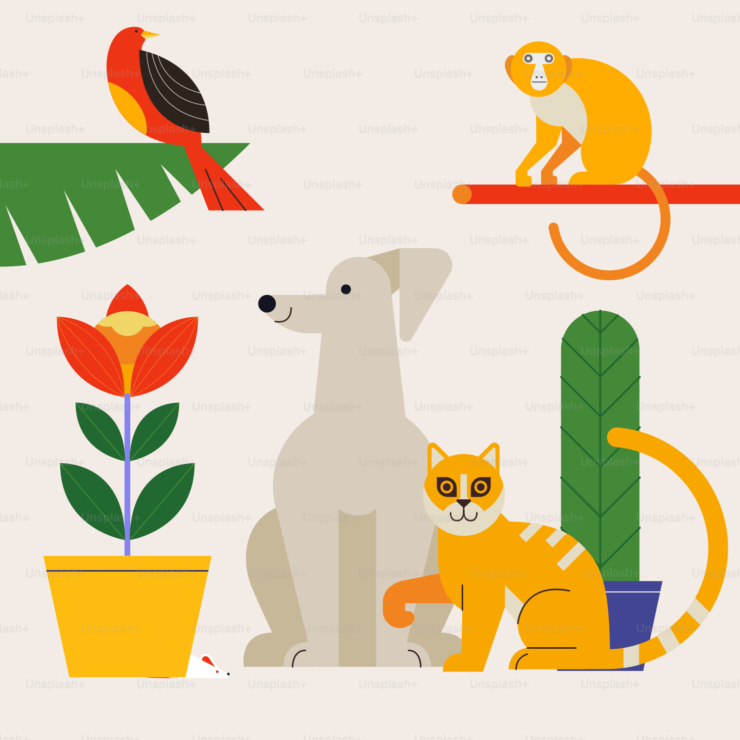 A cat, dog, bird, birdcage, plant and bird on a