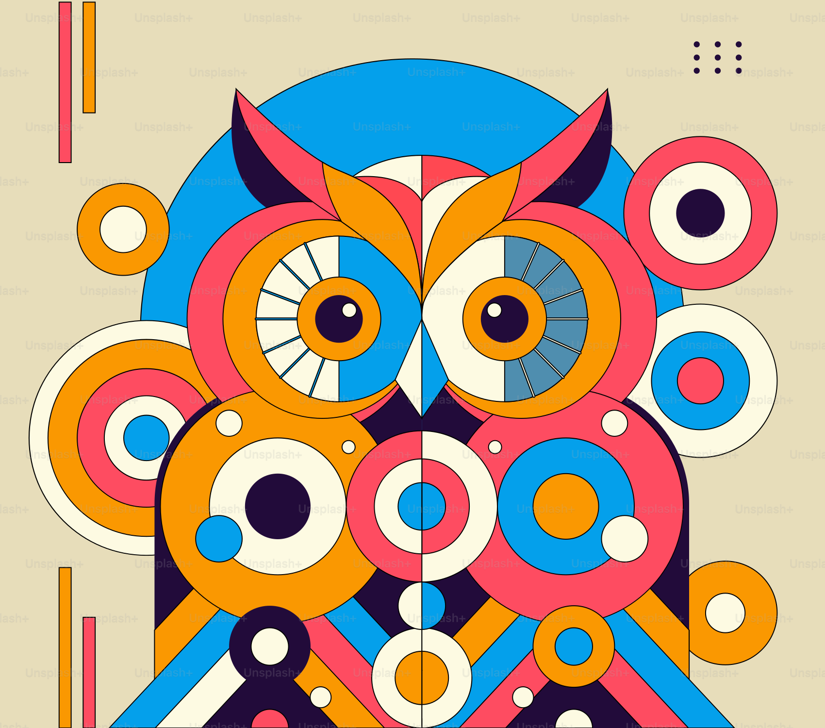 A colorful owl with circles and dots on it's face