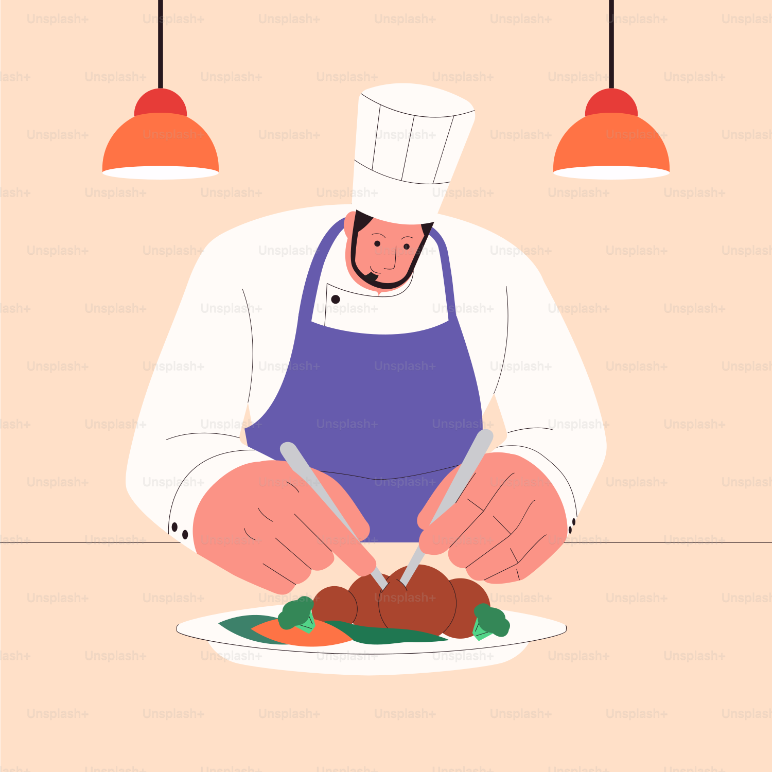 Un hombre con sombrero de chef está cortando carne en un plato