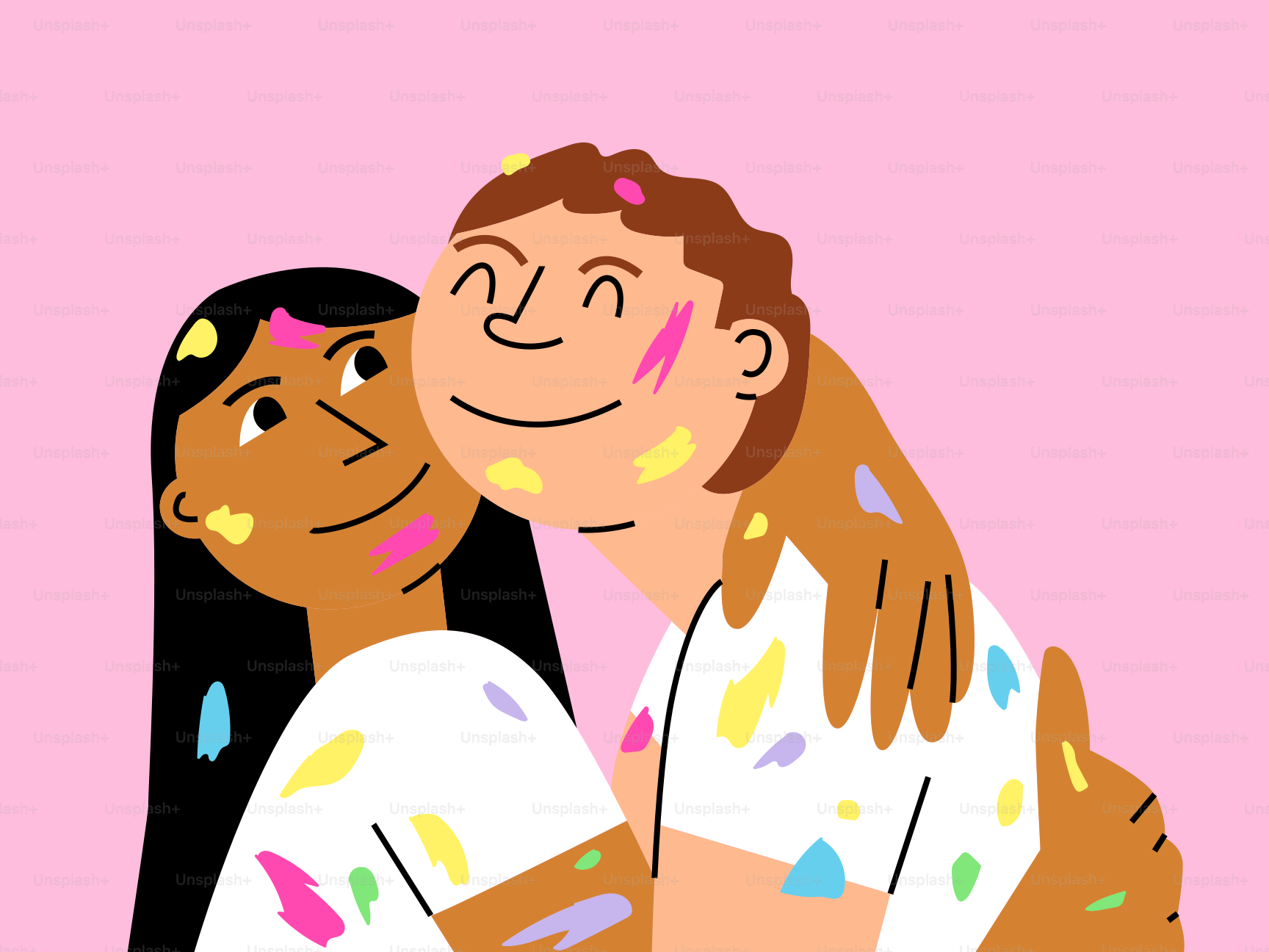 A man and woman hugging each other on a pink background