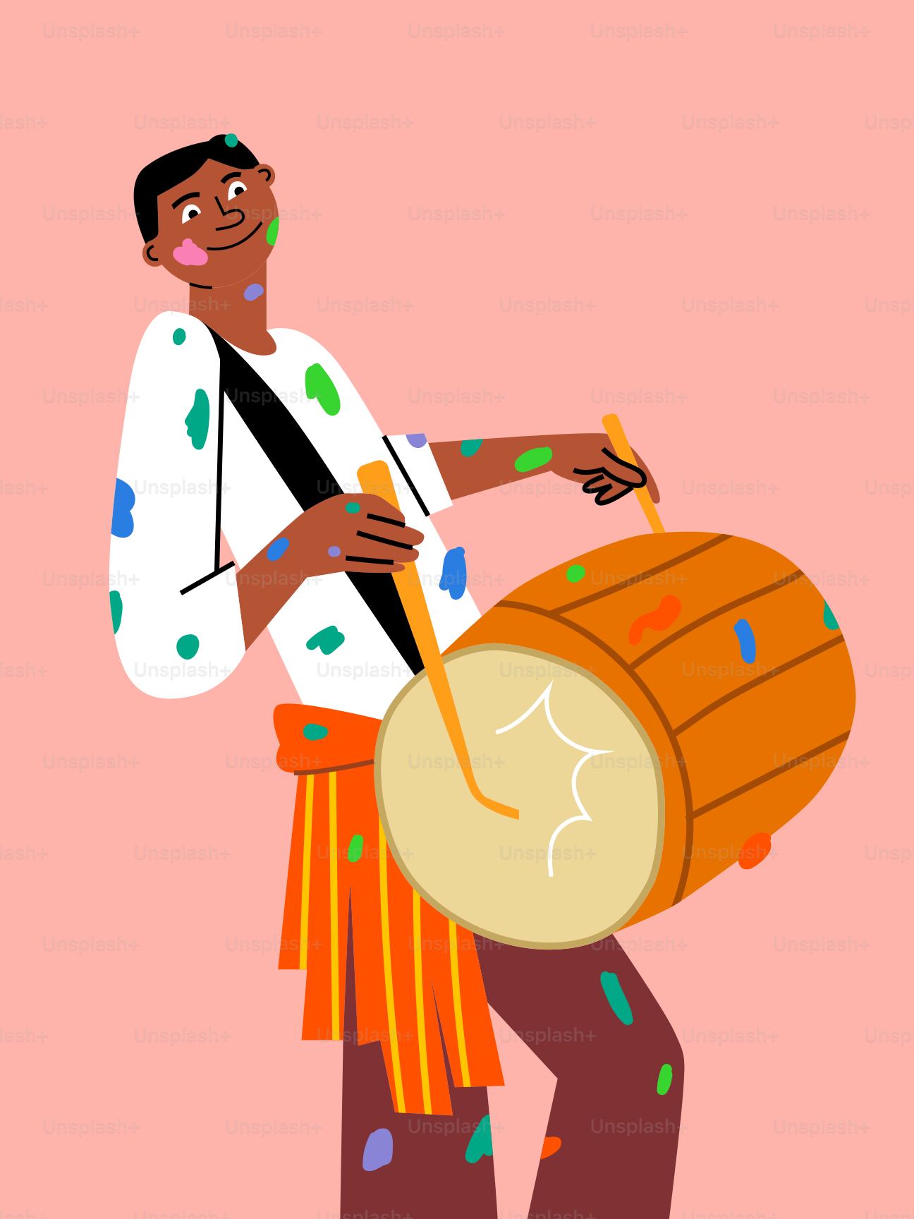 A man is playing a drum on a pink background
