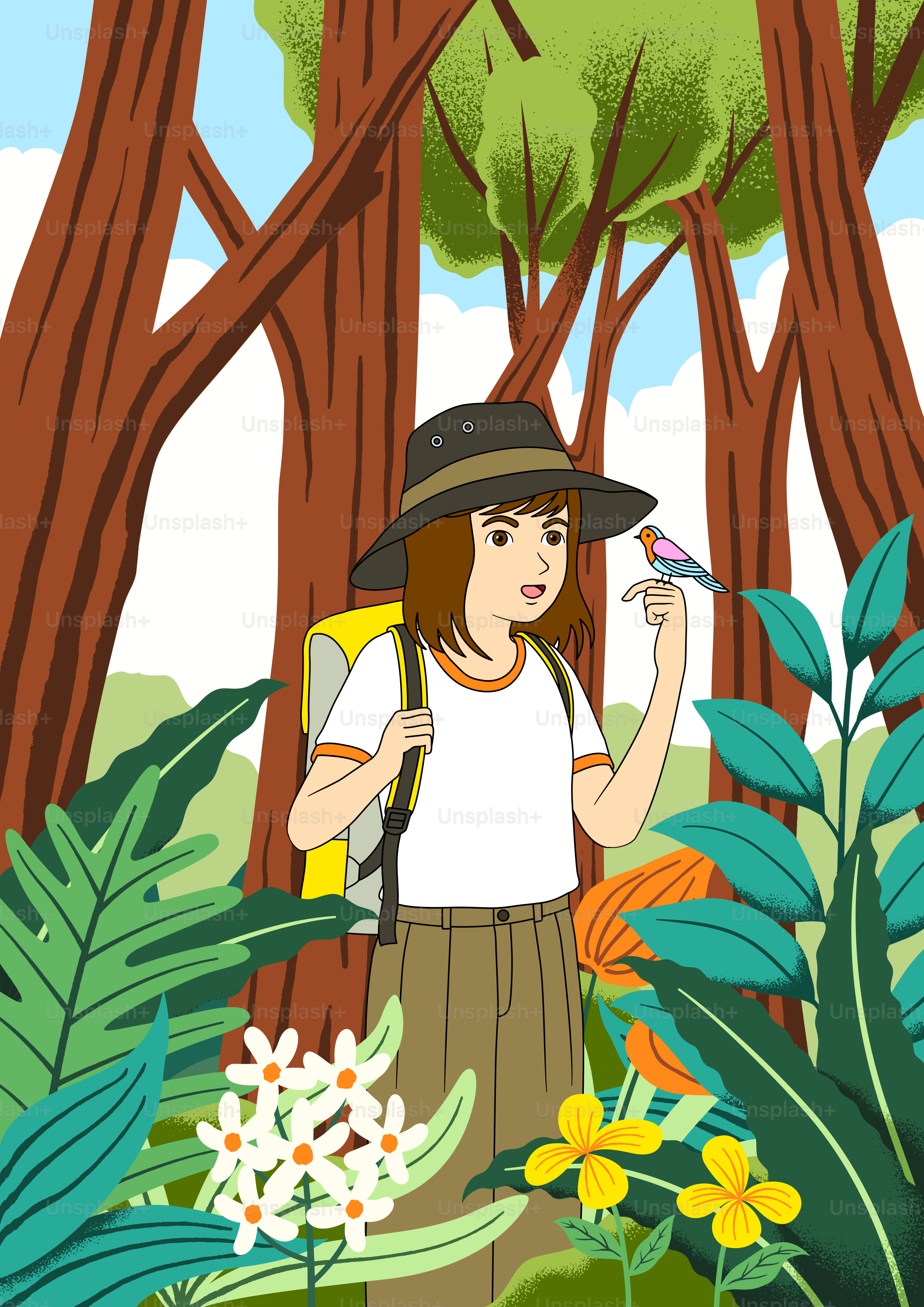 A woman standing in a forest with a bird in her hand