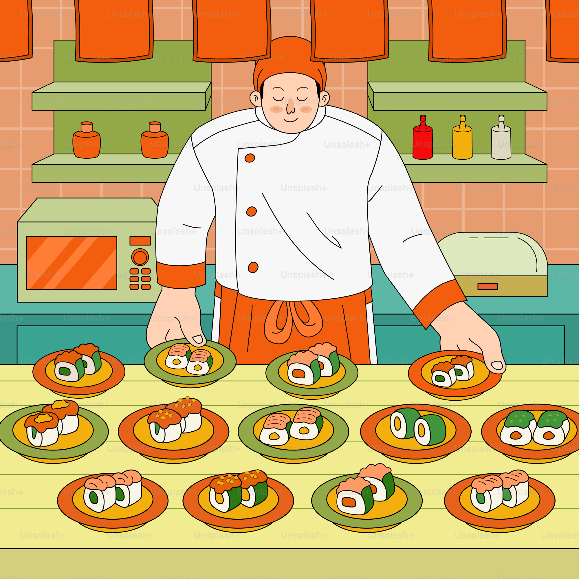 A man standing in front of a table filled with sushi