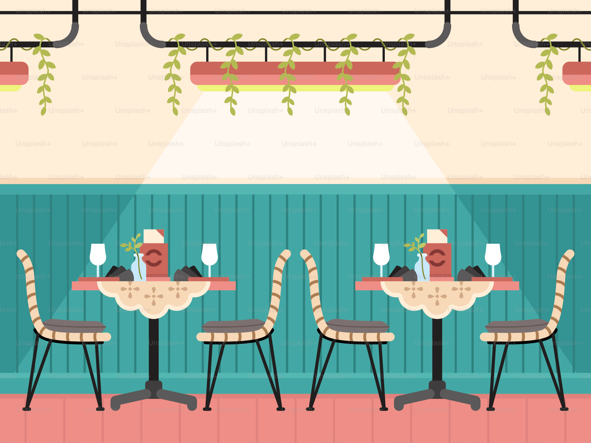 A restaurant with tables and chairs with plants hanging from the ceiling