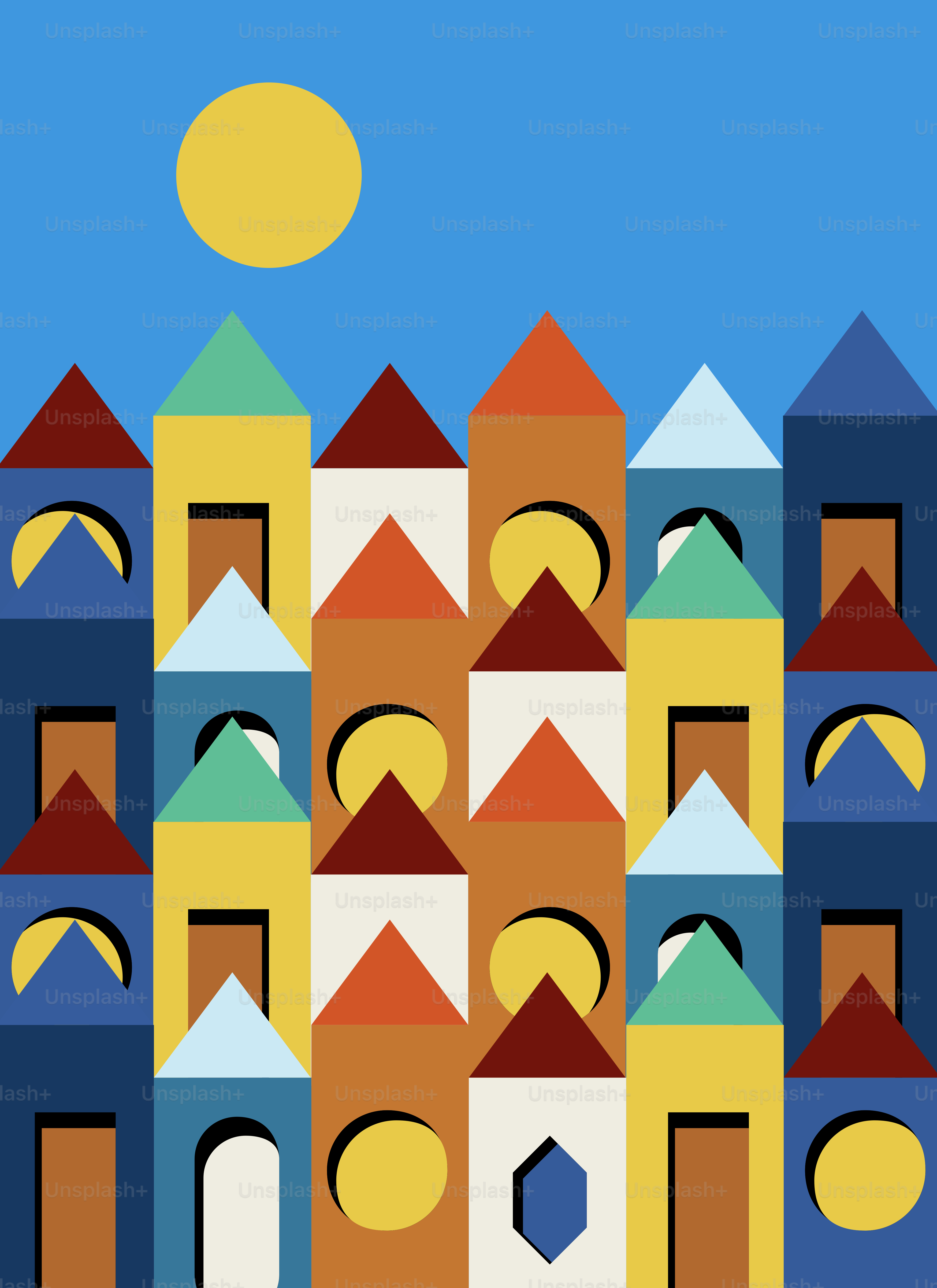 A picture of a city with a sun in the sky