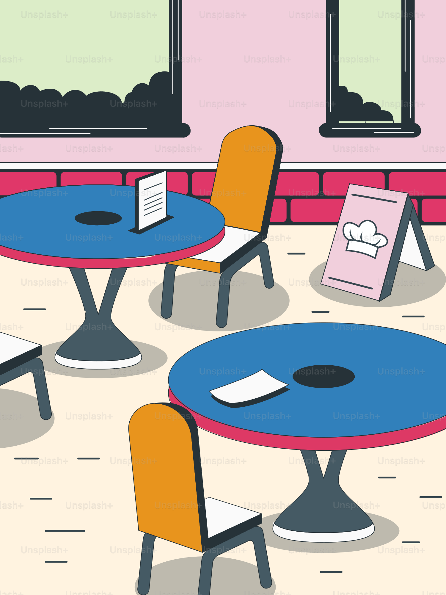 A drawing of a room with tables and chairs