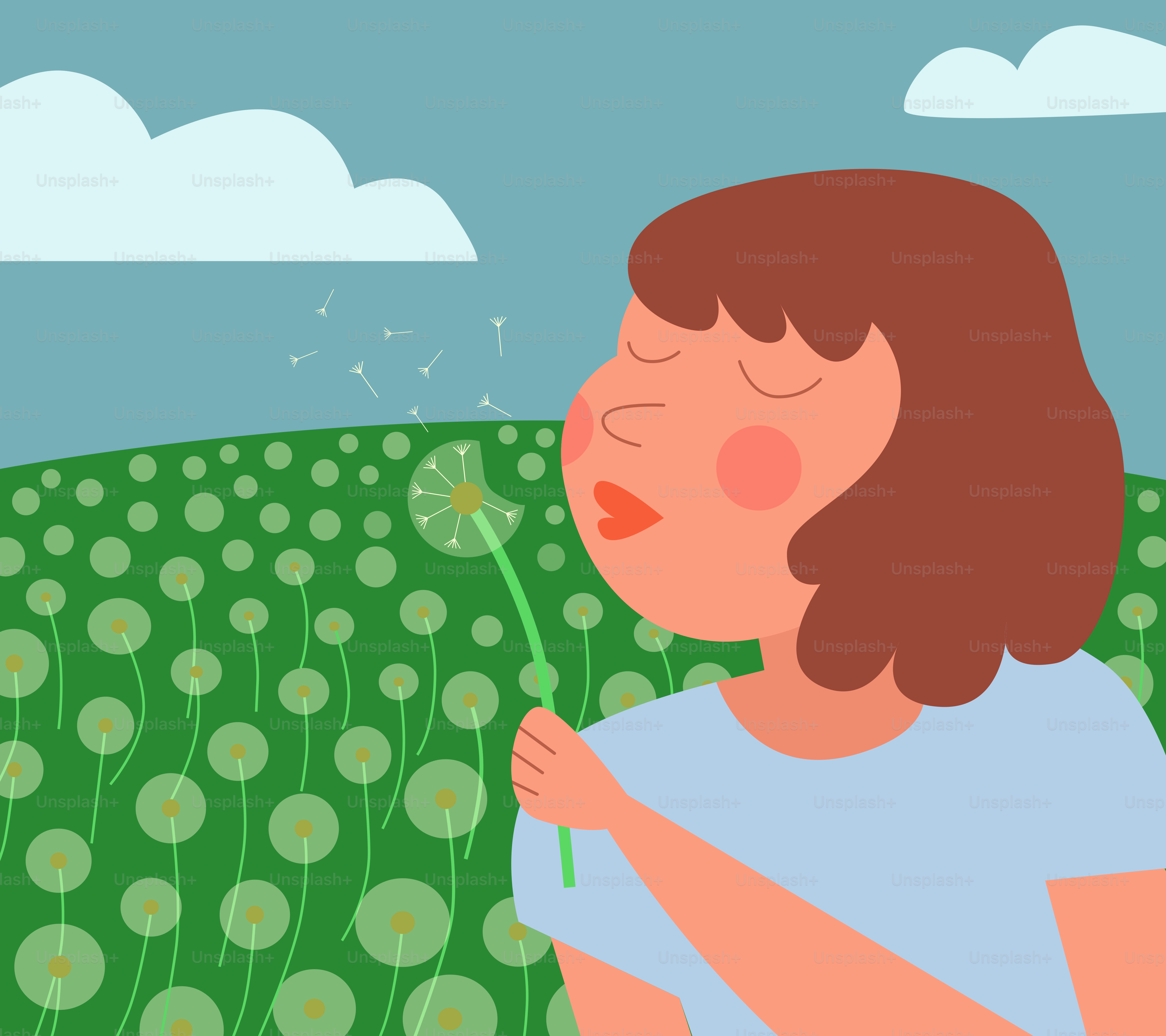 A woman blowing a dandelion in a field