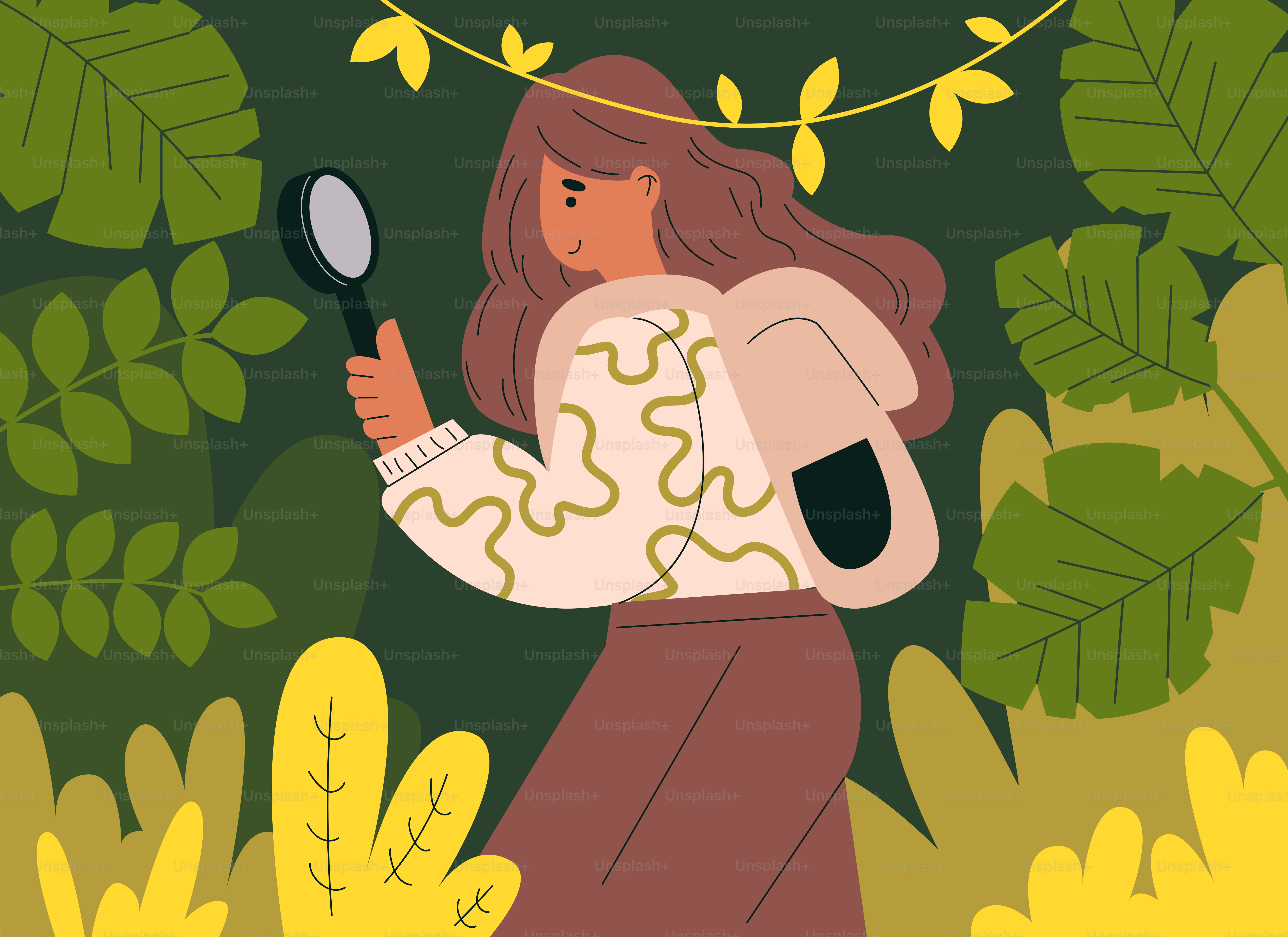森の中で虫眼鏡を持つ女性