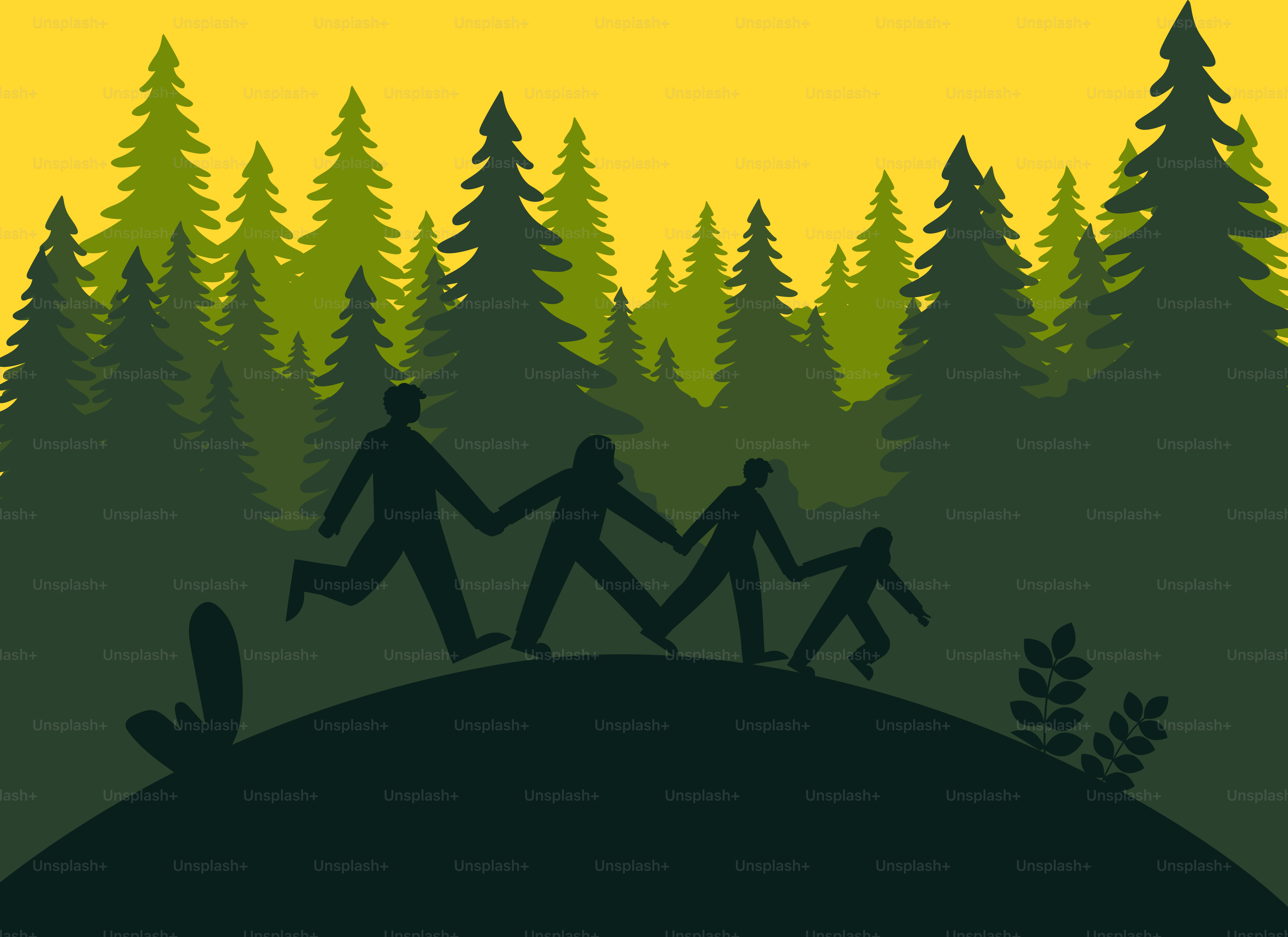 手をつないで森を歩く人々の集団