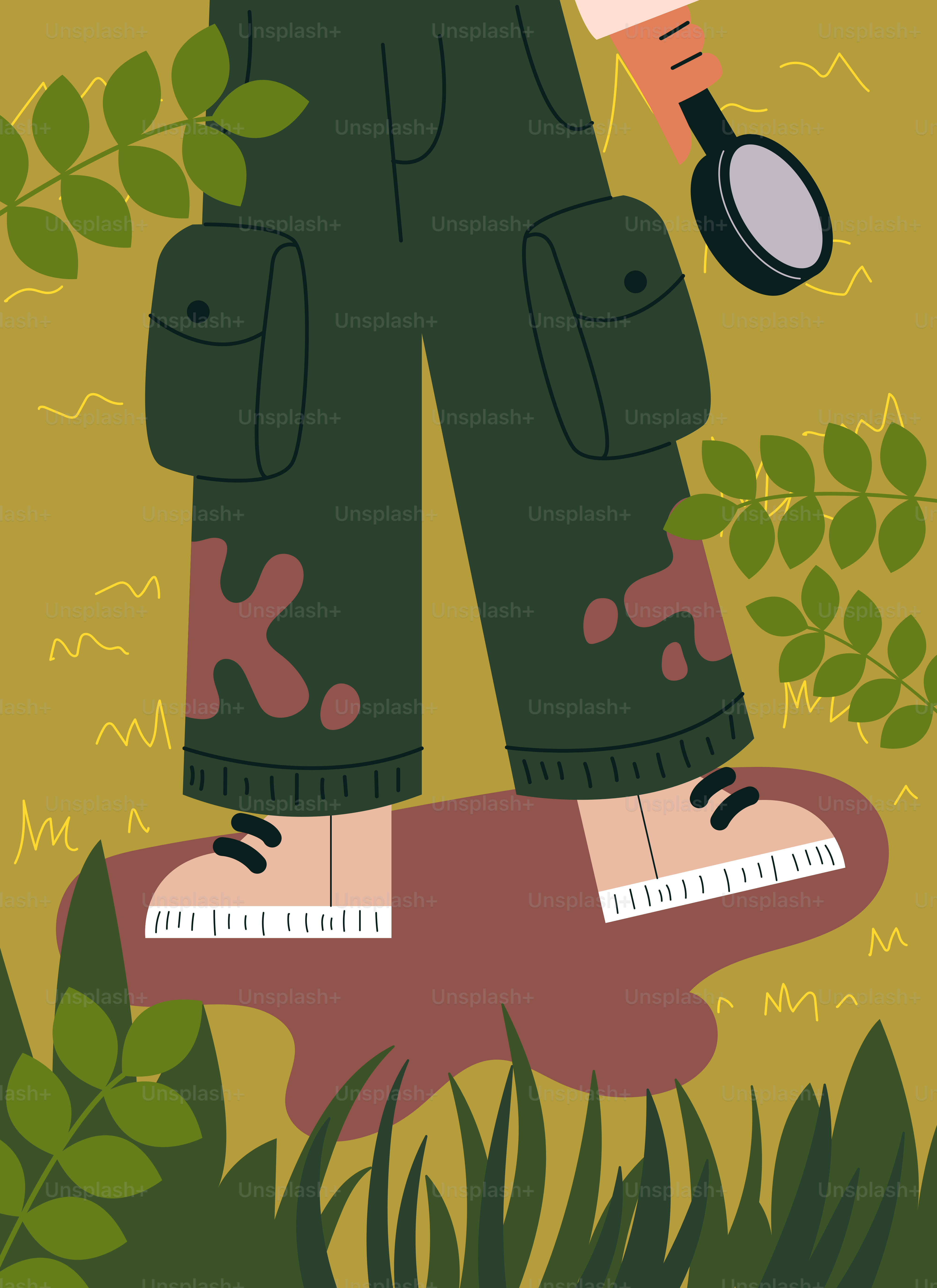 虫眼鏡を持って体重計の上に立つ人